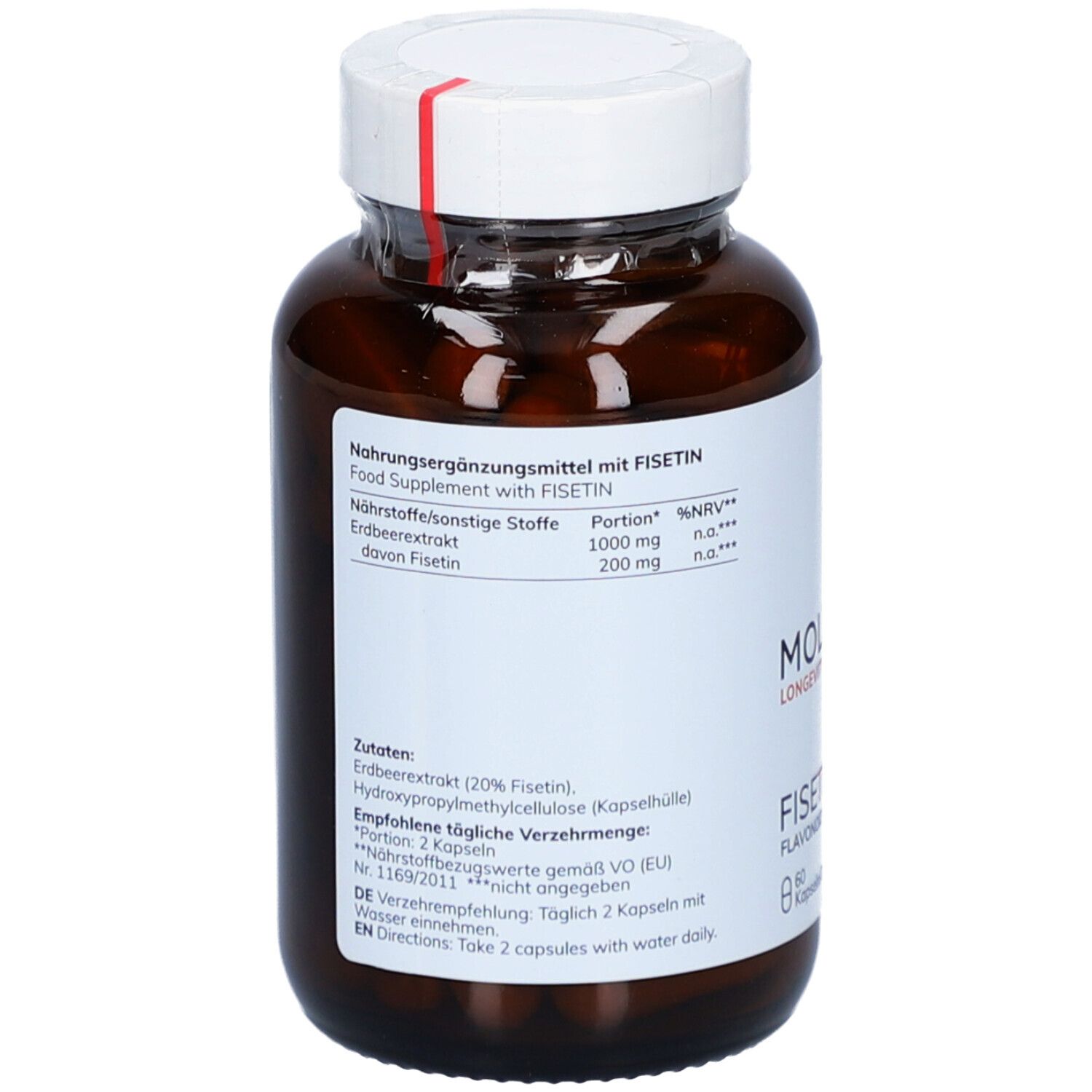 Rückseite der Flasche. Aufschrift: Nahrungsergänzungsmittel mit FISETIN. Inhaltsstoffe, Dosierung. Etikett mit Informationen.