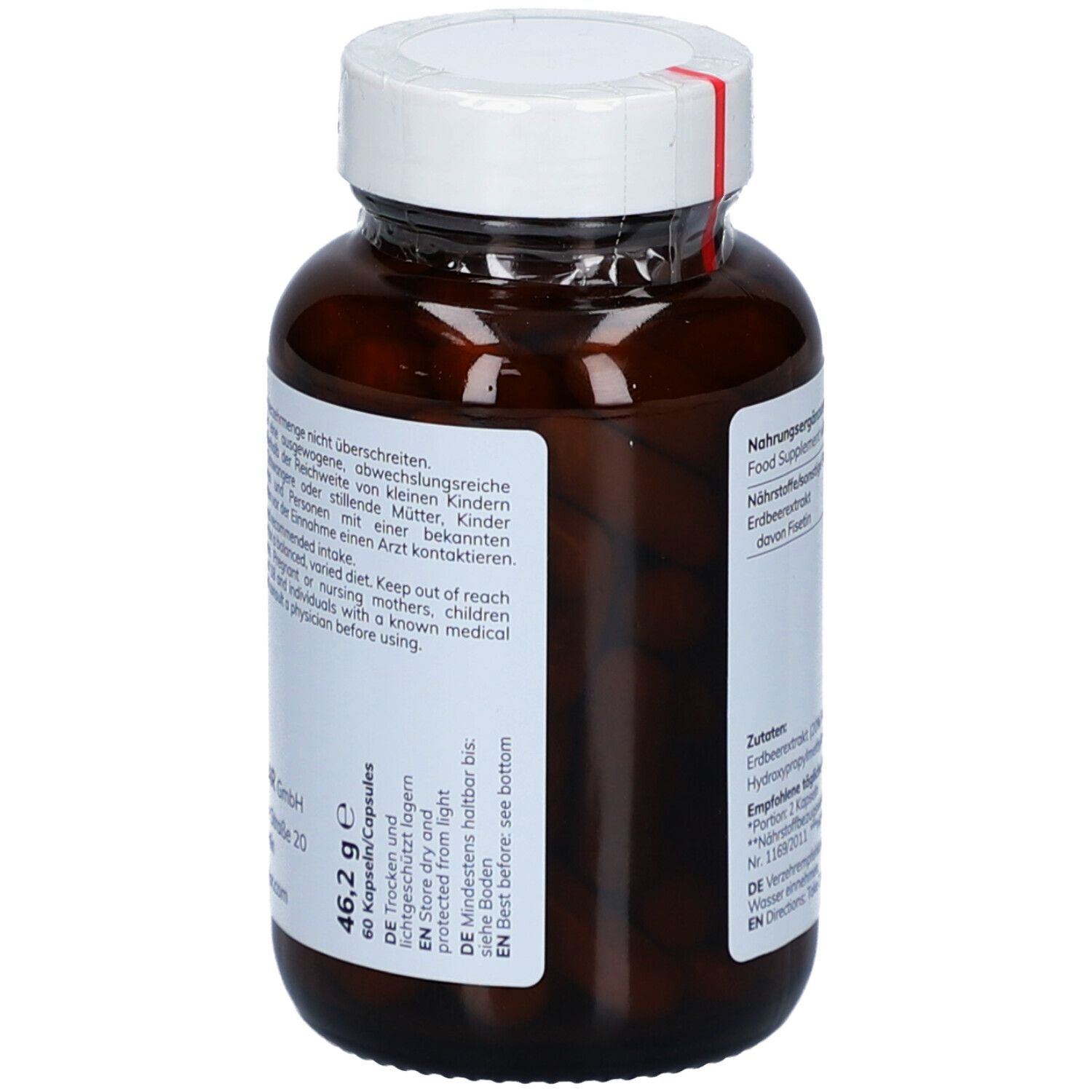 Rückseite der Flasche. Aufschrift: Warnhinweise, Lagerungshinweise, Herstelleradresse. Etikett mit Informationen.