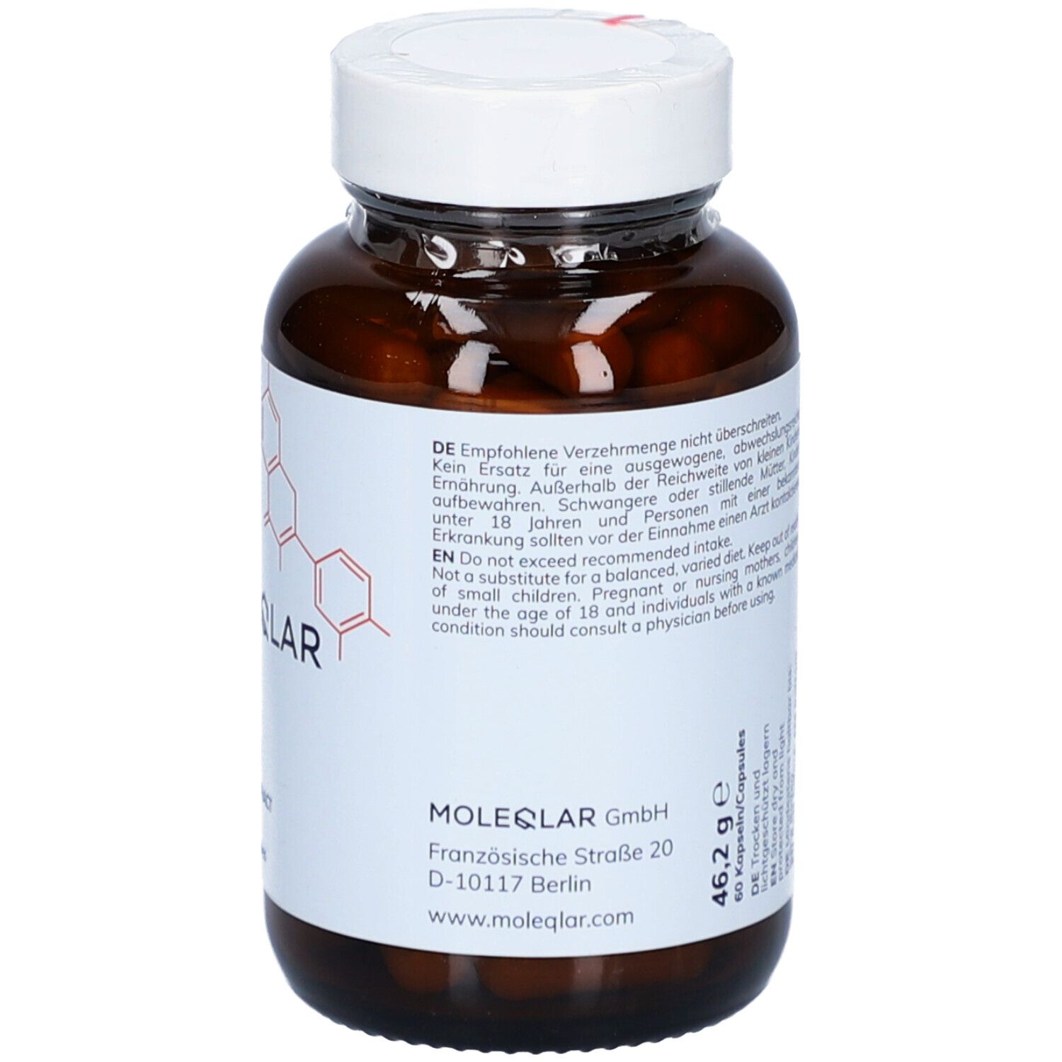 Flasche mit weißem Deckel. Aufschrift: MOLEQLAR, FISETIN, 60 Kapseln. Herstelleradresse. Etikett mit Informationen.