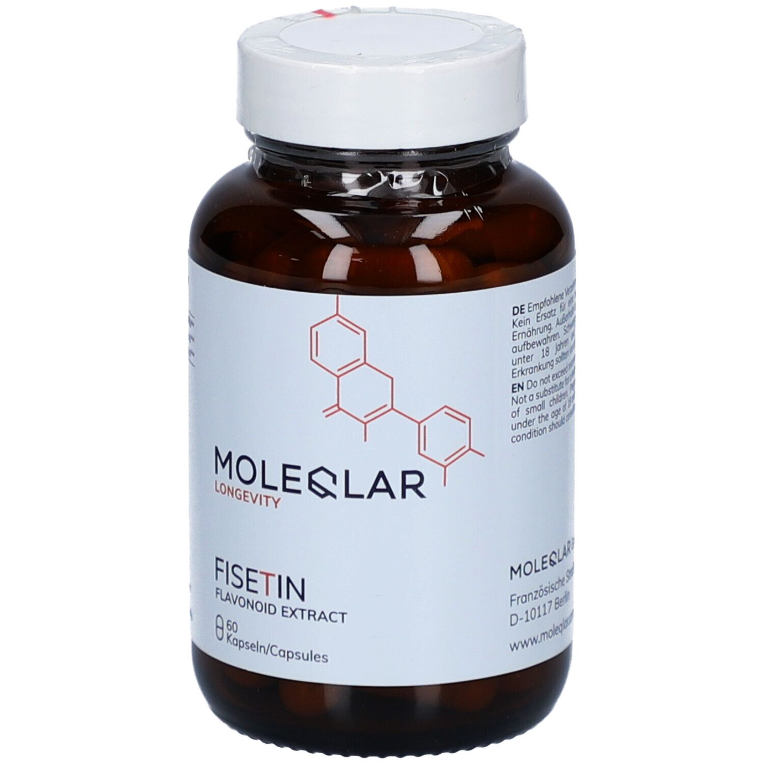 Braune Glasflasche mit weißem Deckel. Aufschrift: MOLEQLAR LONGEVITY, FISETIN, 60 Kapseln. Roter Aufdruck.