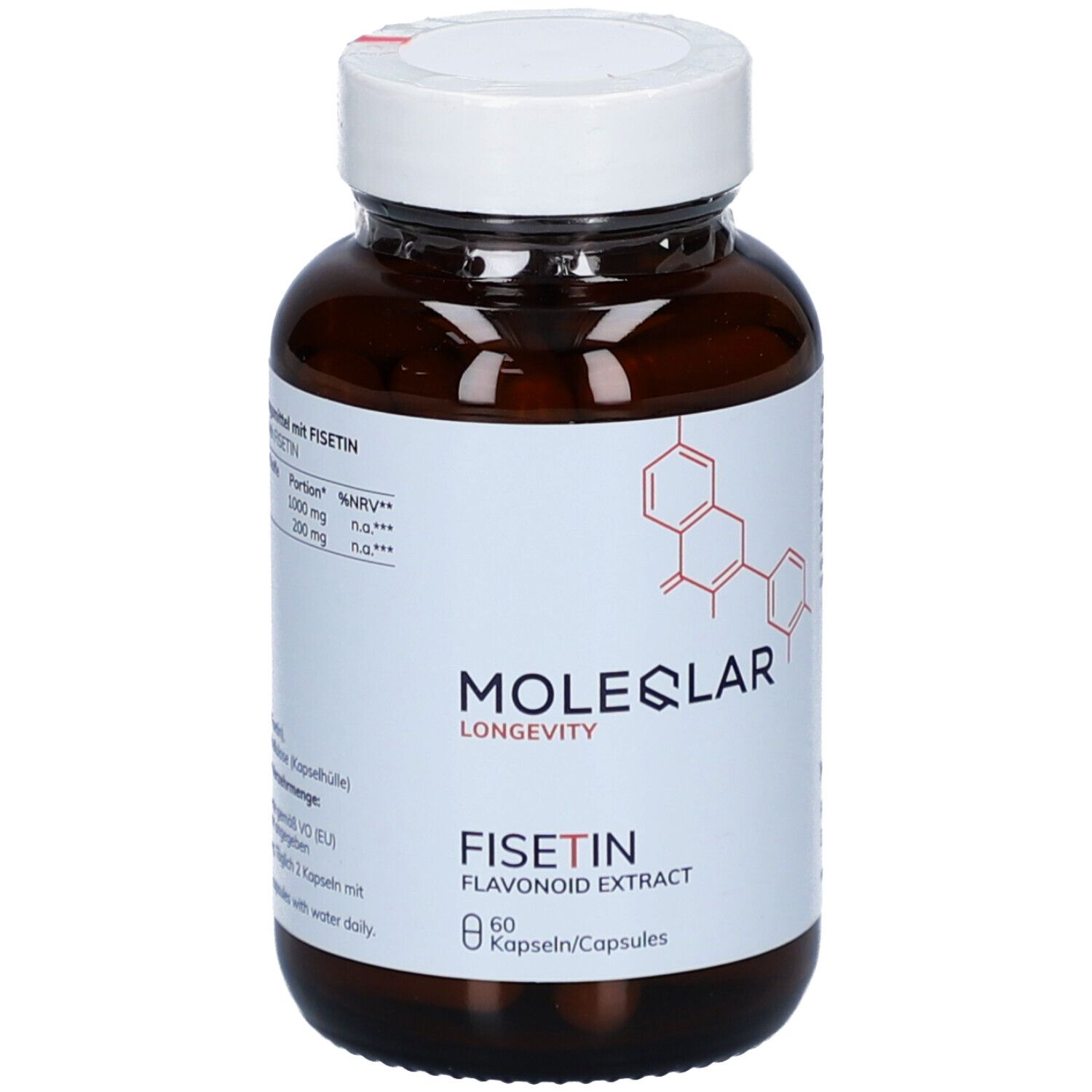 Braune Glasflasche mit weißem Deckel. Aufschrift: MOLEQLAR LONGEVITY, FISETIN, 60 Kapseln. Roter Aufdruck.