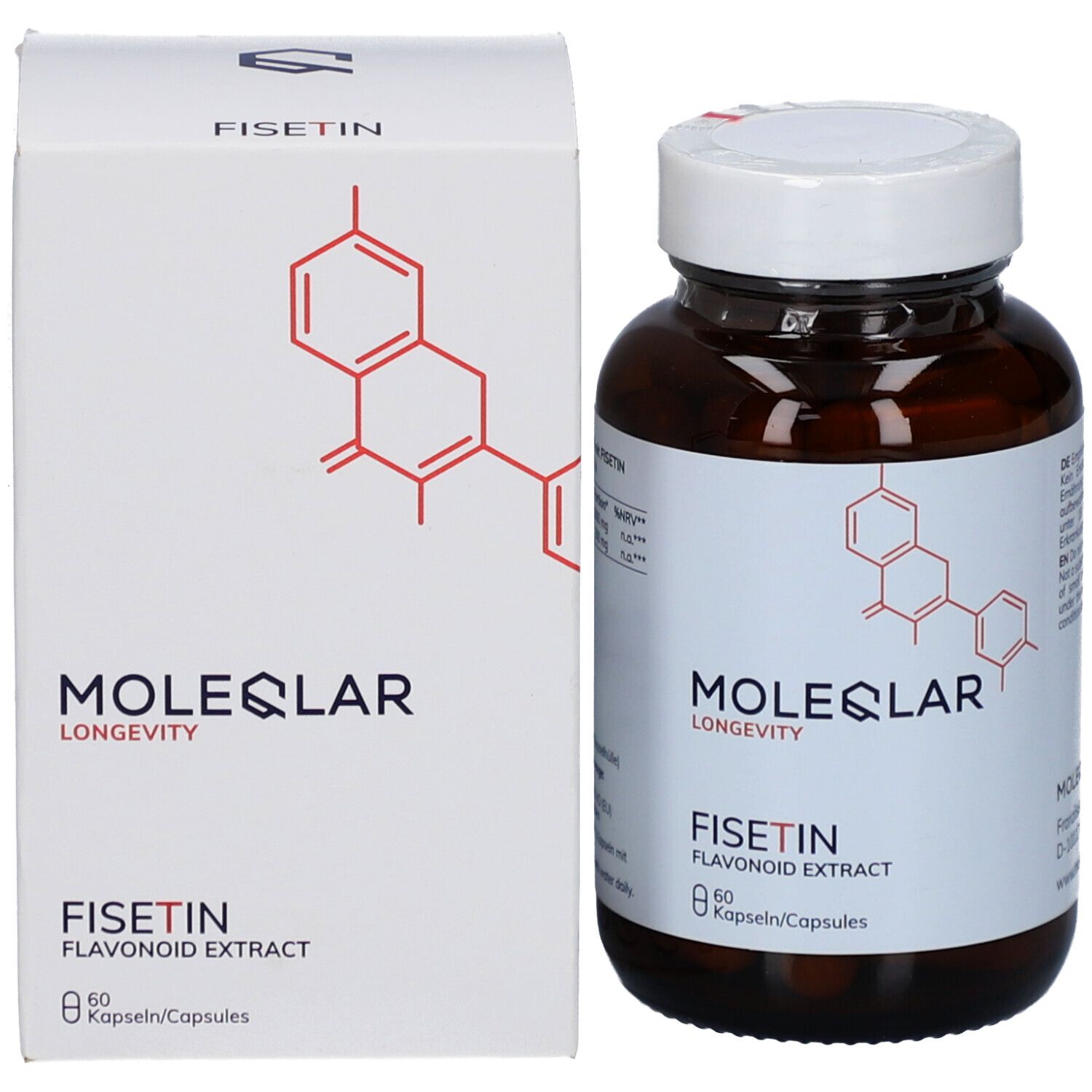 Produktverpackung und Flasche. Aufschrift: MOLEQLAR LONGEVITY, FISETIN, 60 Kapseln. Roter Aufdruck.
