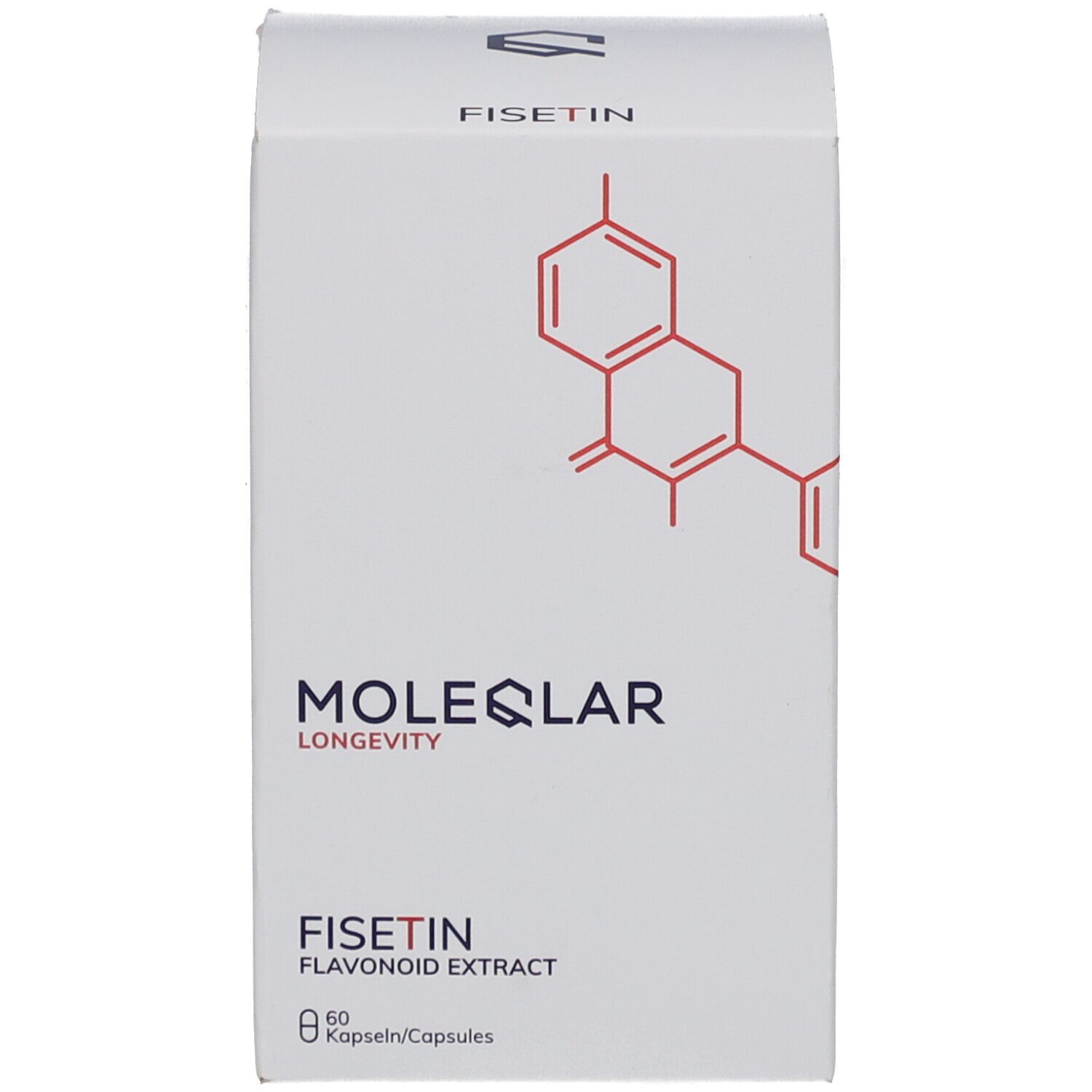 Weiße Produktverpackung. Aufschrift: MOLEQLAR LONGEVITY, FISETIN, 60 Kapseln. Roter Aufdruck.
