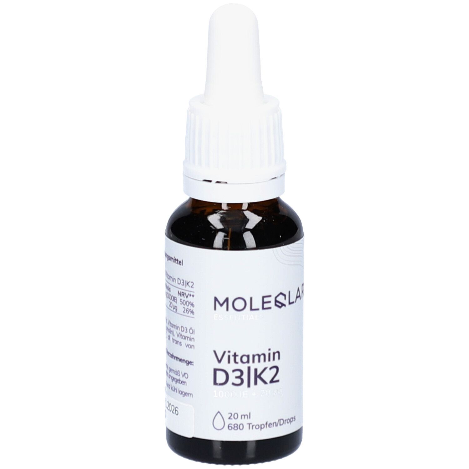 Braune Glasflasche mit weißem Deckel und Pipette. Aufschrift: MOLEQLAR Vitamin D3|K2. 20 ml, 680 Tropfen. Etikett.