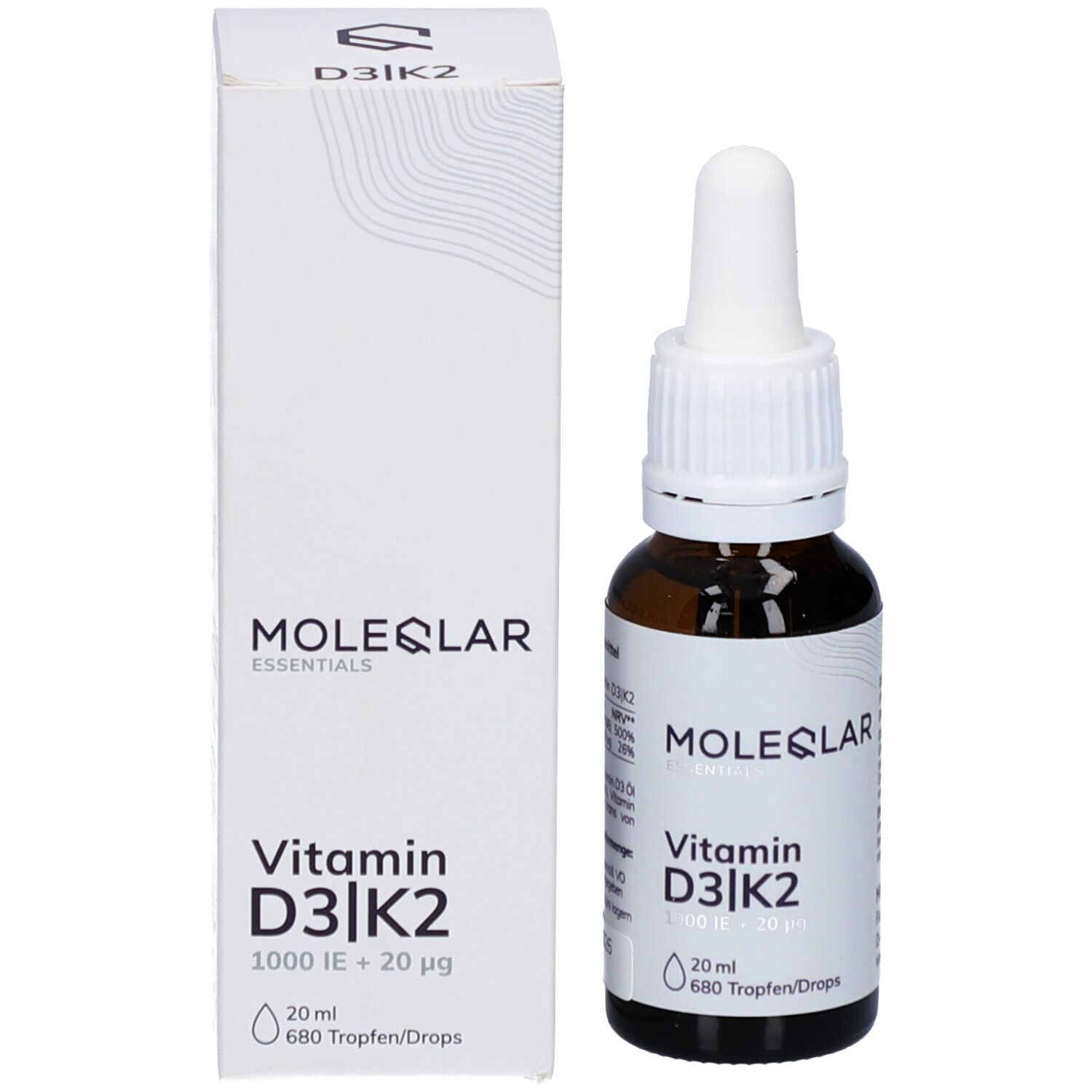 Braune Glasflasche mit weißem Deckel und Pipette, neben weißem Karton. Aufschrift: MOLEQLAR Vitamin D3|K2. 20 ml.