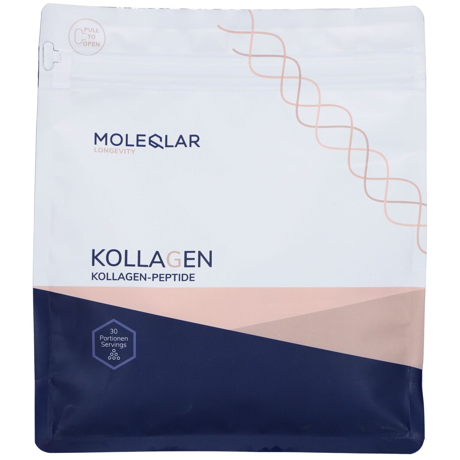 Weiße Verpackung mit Moleqlar-Logo und Schriftzug 'Kollagen'. Rosa und blaue Designelemente. 30 Portionen.