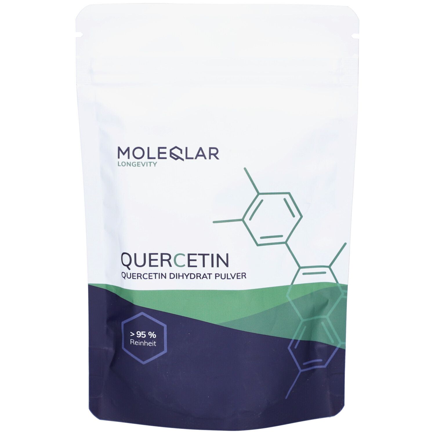 Beutel mit Moleqlar Quercetin-Pulver. Weiß, mit blau-grüner Grafik und Schriftzug. Enthält Quercetin Dihydrat.