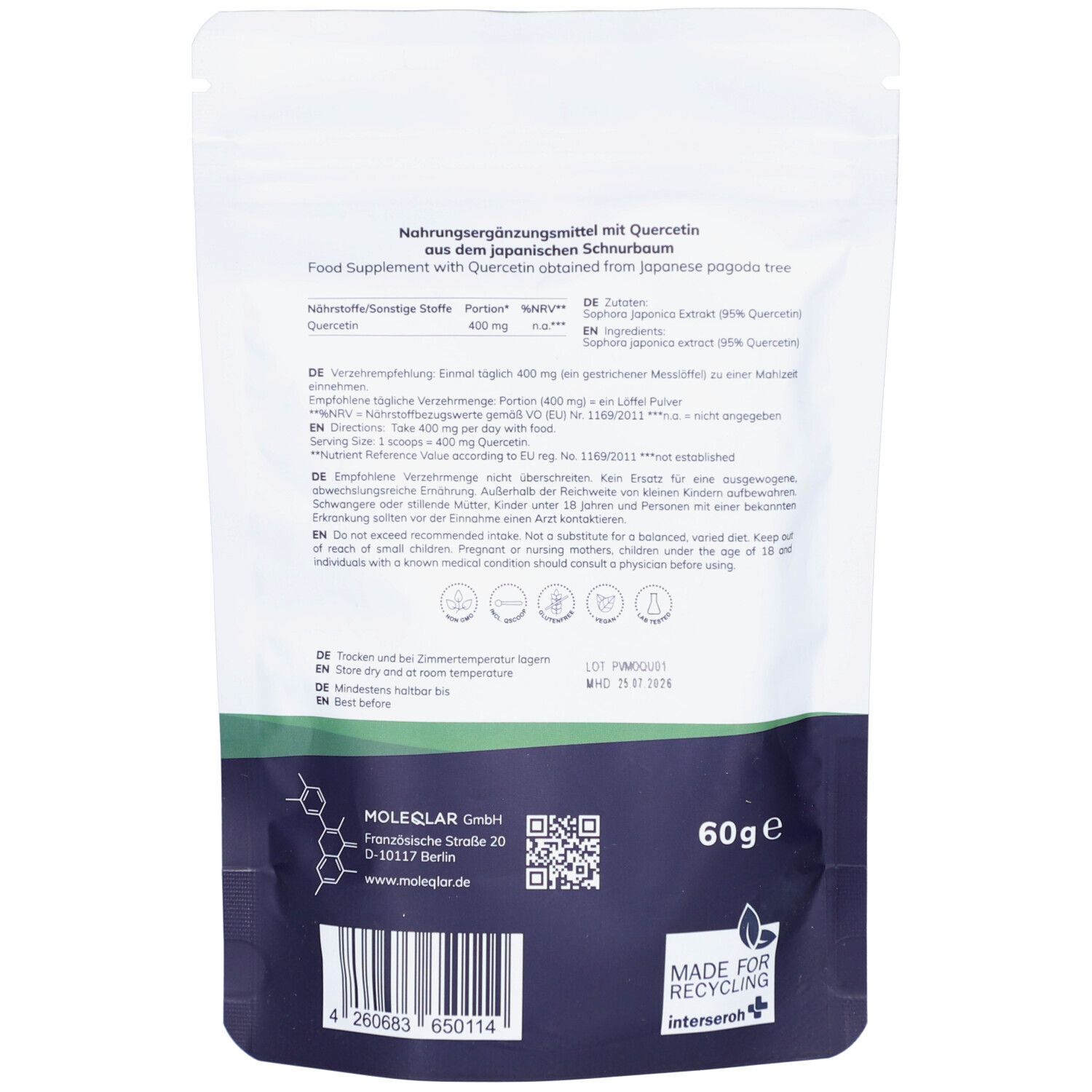 Rückseite des Beutels mit Moleqlar Quercetin. Enthält Informationen zu Inhaltsstoffen, Dosierung und Hersteller.