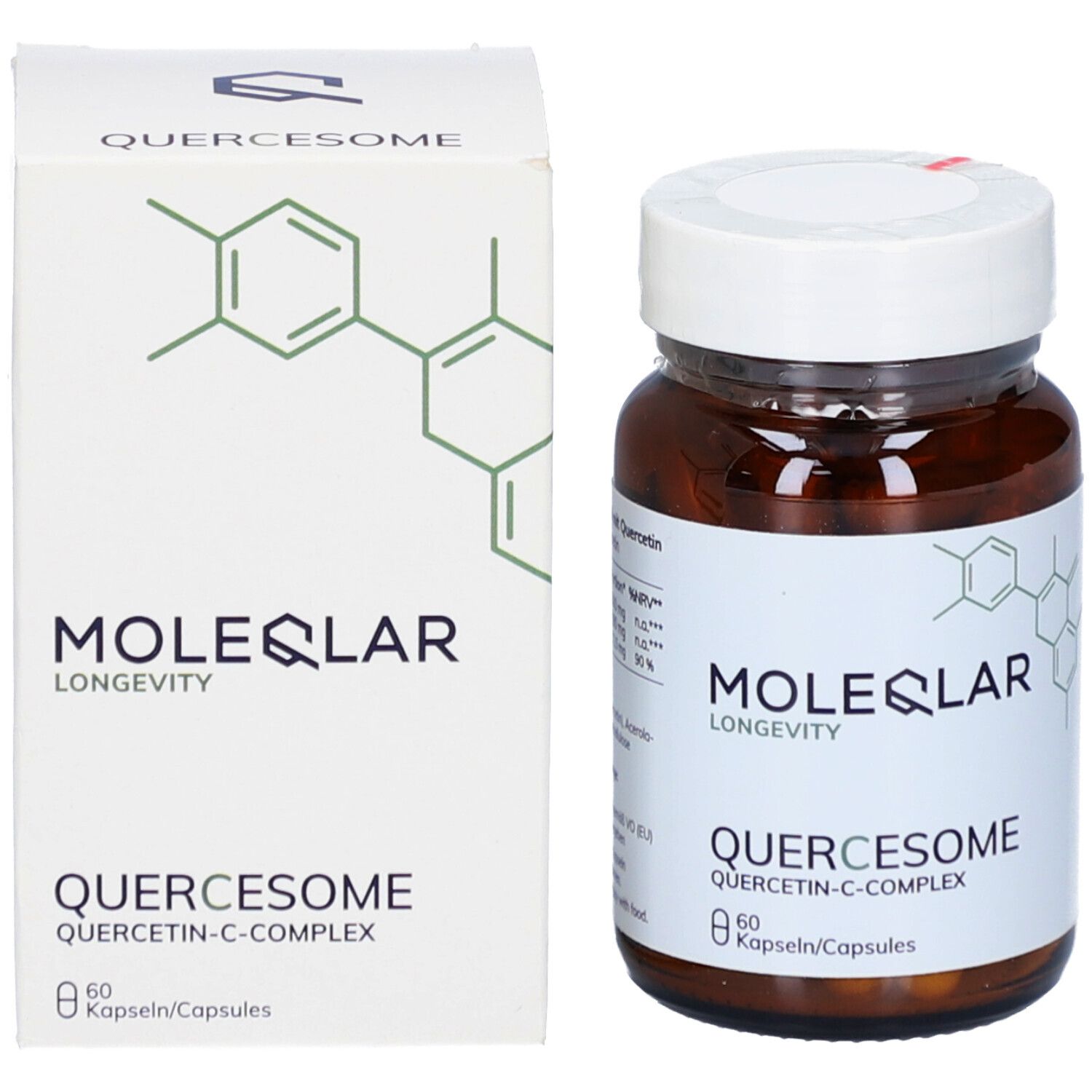Produktverpackung mit Flasche und Karton. Aufschrift: MOLEQLAR, QUERCESOME, 60 Kapseln.