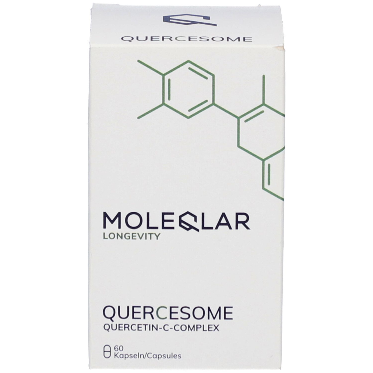 Weiße Produktverpackung. Aufschrift: MOLEQLAR, QUERCESOME, 60 Kapseln.