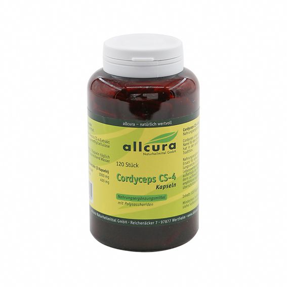 Braune Flasche mit weißen Deckel. Aufschrift: allcura Cordyceps CS-4 Kapseln. 120 Stück.