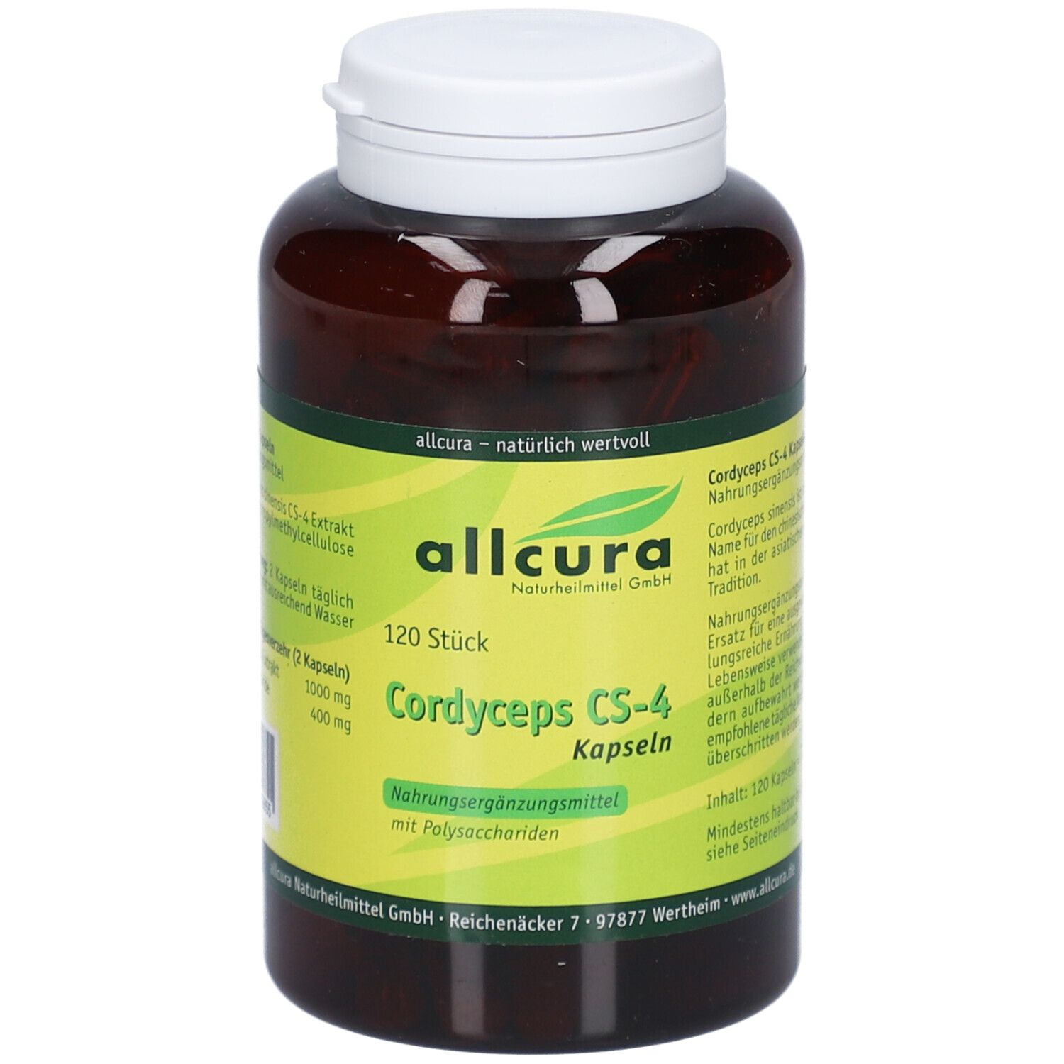 Braune Flasche mit weißen Deckel. Aufkleber mit Produktinformationen: allcura Cordyceps CS-4 Kapseln. 120 Stück.