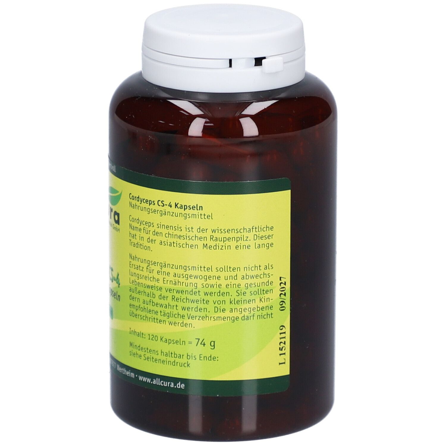 Rückseite der braunen Flasche mit weißen Deckel. Aufkleber mit Produktinformationen: allcura Cordyceps CS-4 Kapseln. Inhalt 120 Kapseln.