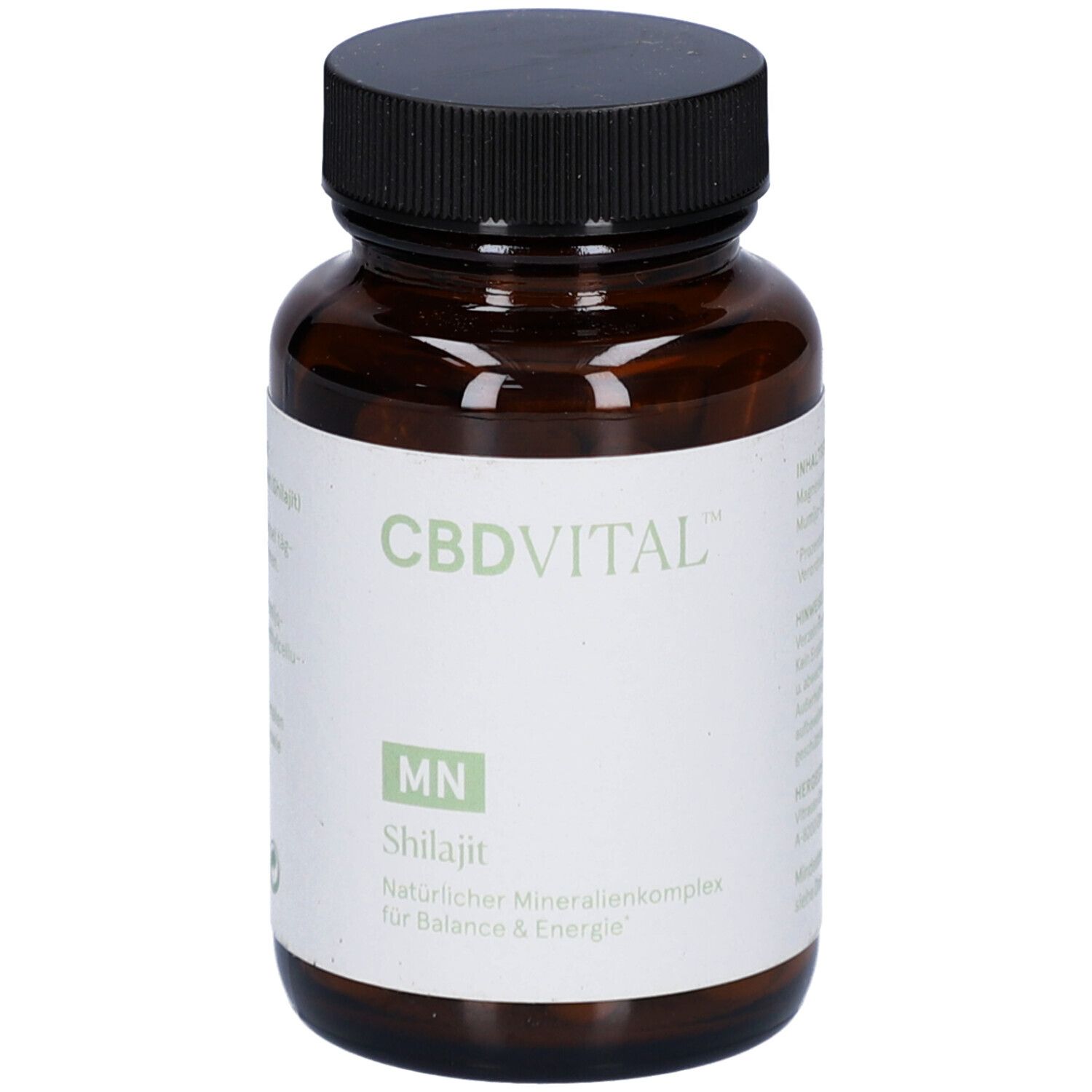 Braune Glasflasche mit schwarzen Deckel. Etikett mit CBDVITAL, MN, Shilajit und weiteren Informationen.