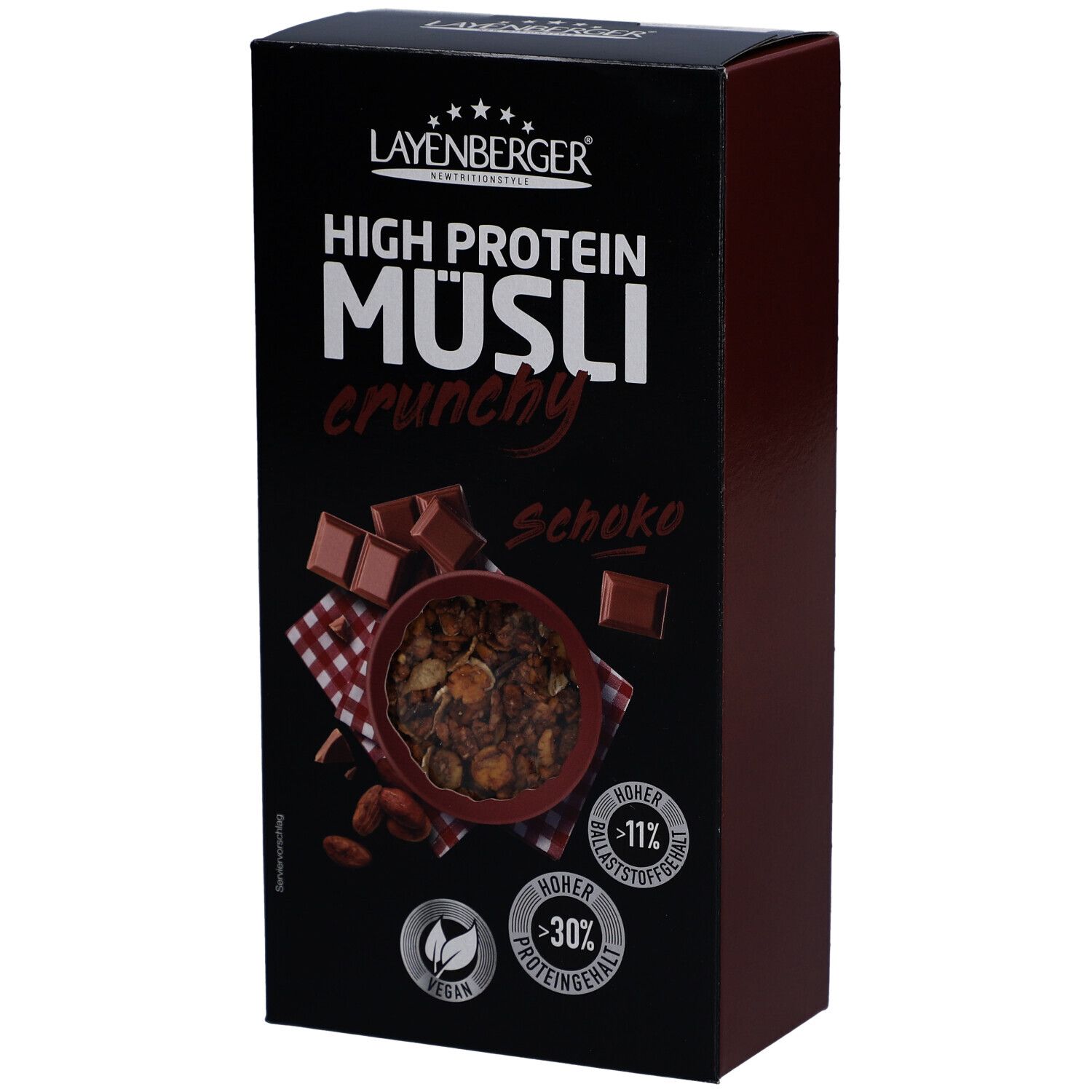 Layenberger High Protein Müsli Schoko-Verpackung. Schwarze Schachtel mit Produktbild und Logos. Vegan-Siegel.