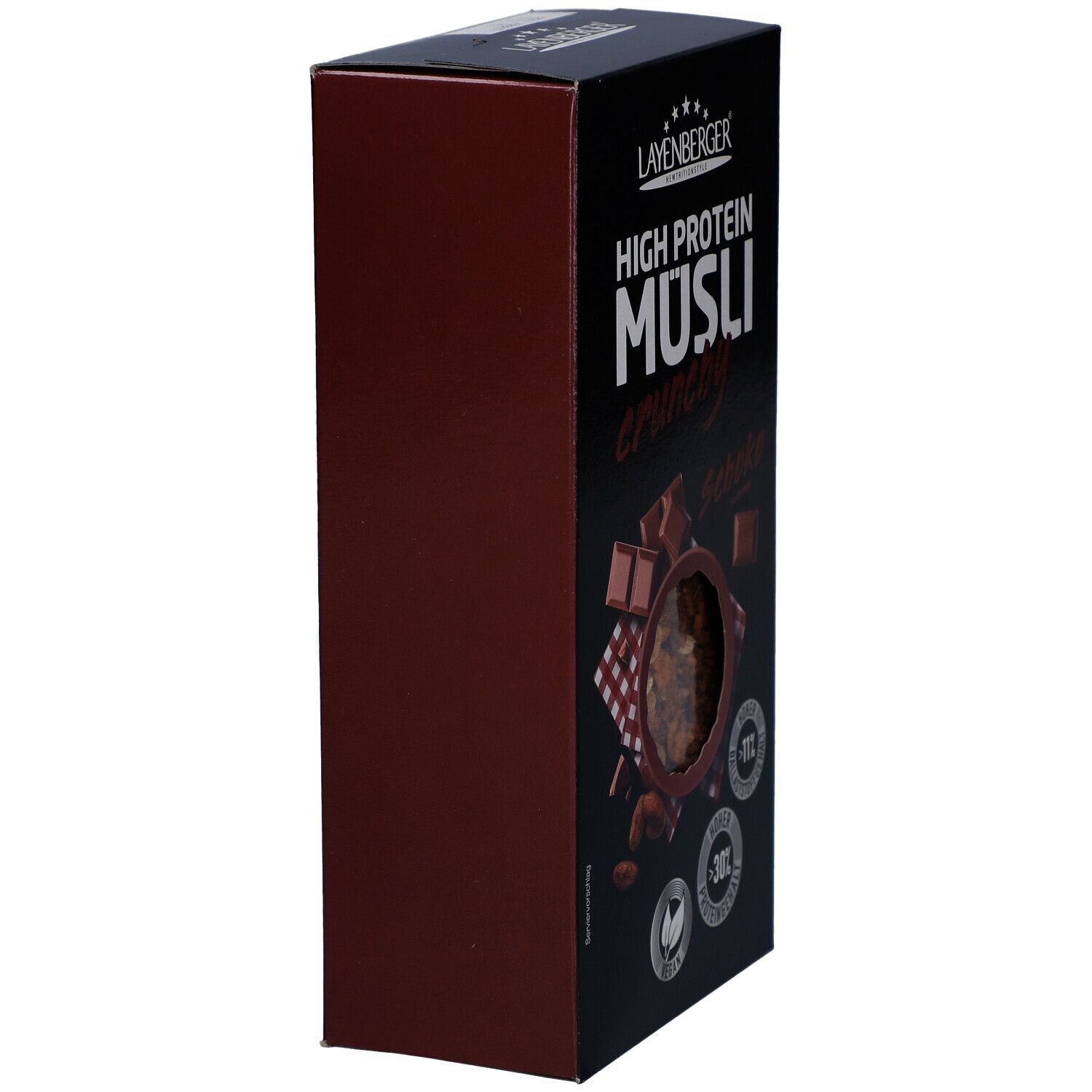 Layenberger High Protein Müsli Schoko-Verpackung. Schwarze Schachtel, Seitenansicht. Sichtfenster mit Müsli-Ansicht.