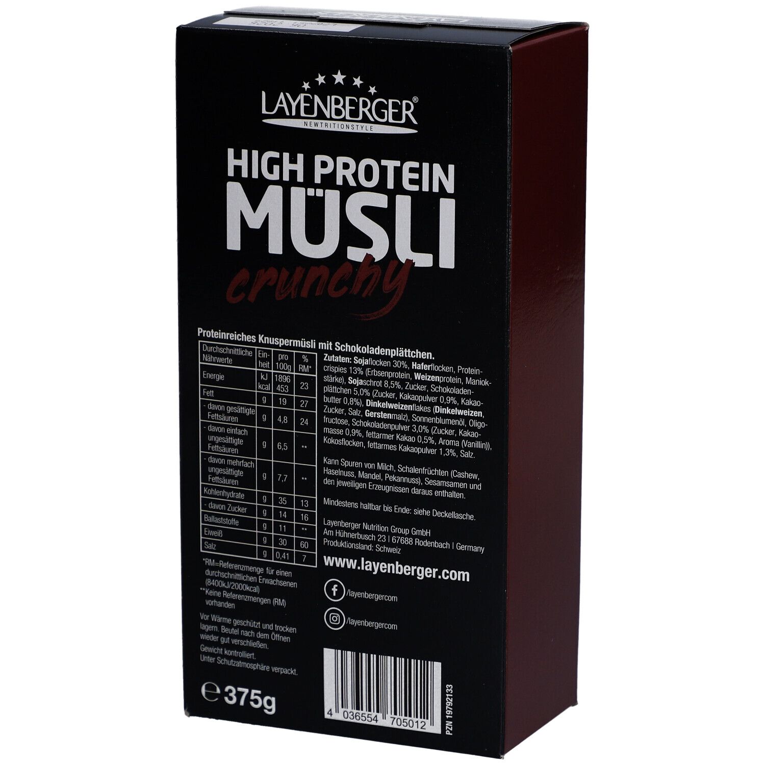 Layenberger High Protein Müsli Schoko-Verpackung. Rückseite mit Nährwertangaben und Zutatenliste. Gewicht: 375g.