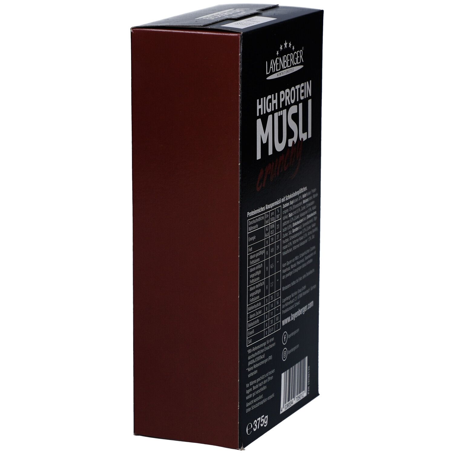 Layenberger High Protein Müsli Schoko-Verpackung. Schwarze Schachtel, Seitenansicht mit Nährwertangaben. Gewicht: 375g.