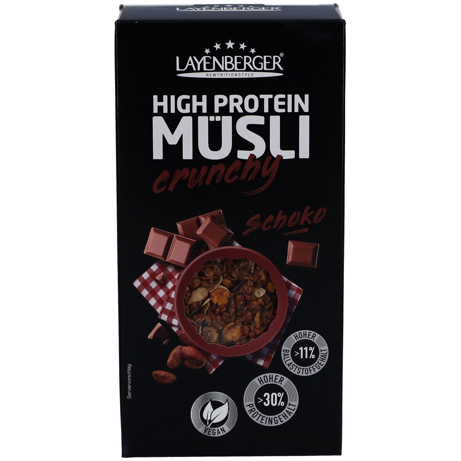 Layenberger High Protein Müsli Schoko-Verpackung. Schwarze Schachtel mit Produktbild und Logos. Vegan-Siegel.