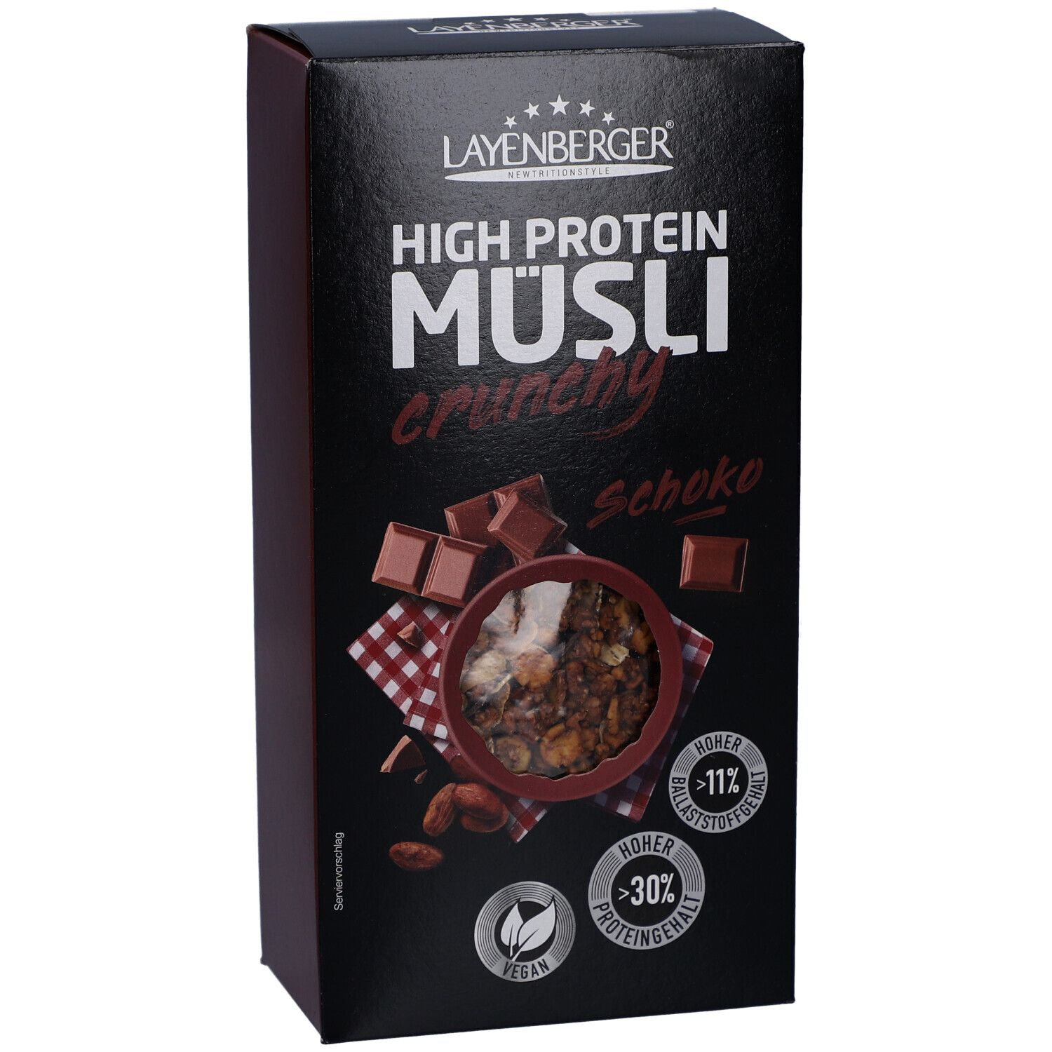 Layenberger High Protein Müsli Schoko-Verpackung. Schwarze Schachtel mit Produktbild und Logos. Vegan-Siegel.
