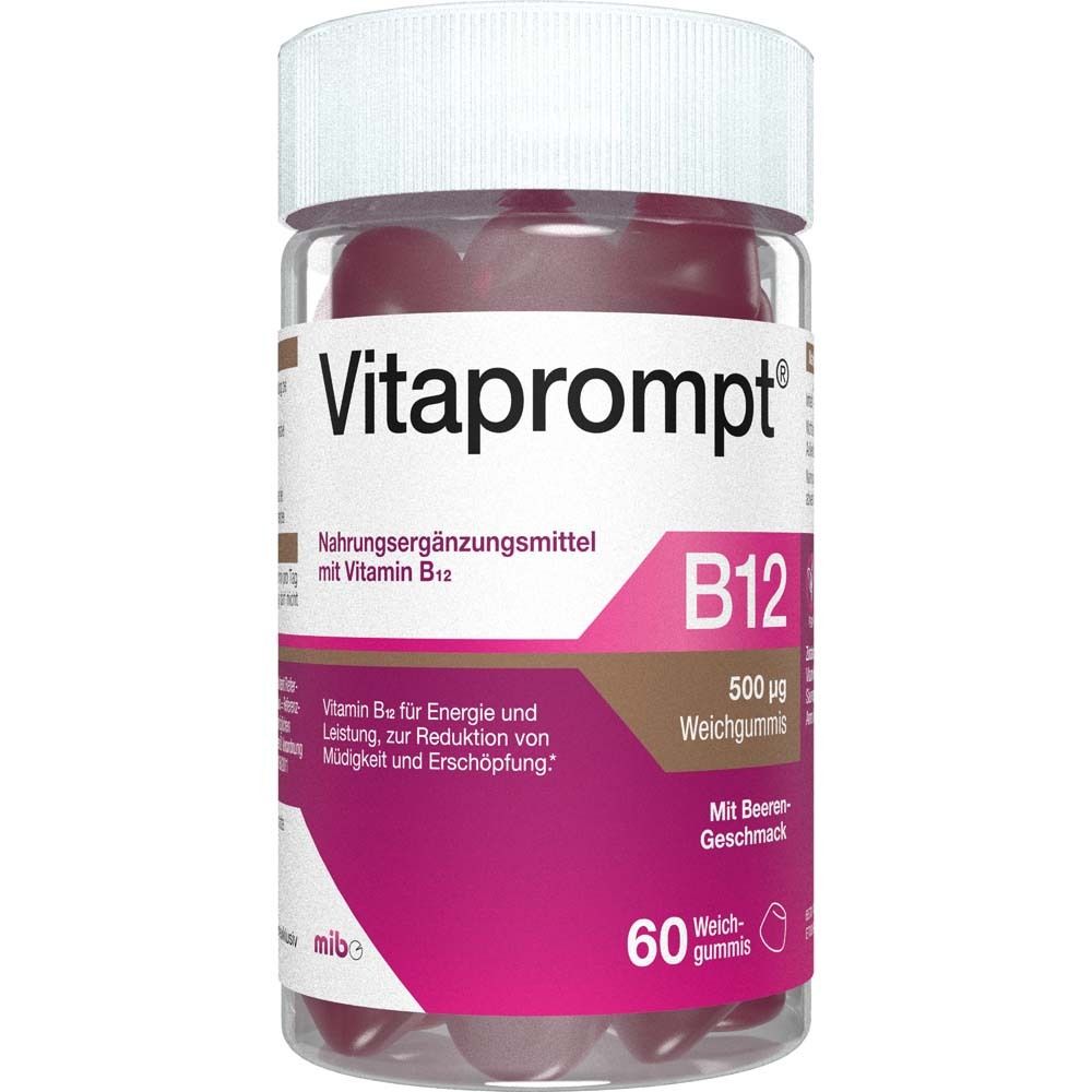 Dose Vitaprompt B12 Weichgummis. 60 Stück, 500 µg Vitamin B12. Mit Beeren-Geschmack. Deckel weiß, Dose transparent.