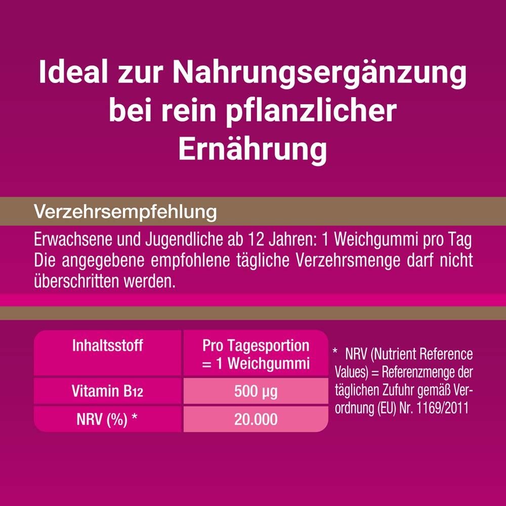 Text: Ideal zur Nahrungsergänzung bei rein pflanzlicher Ernährung. Verzehrempfehlung: 1 Weichgummi pro Tag. Vitamin B12: 500 µg.