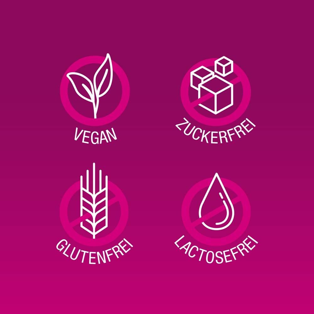 Logos: Vegan, zuckerfrei, glutenfrei, lactosefrei. Auf rosa Hintergrund.