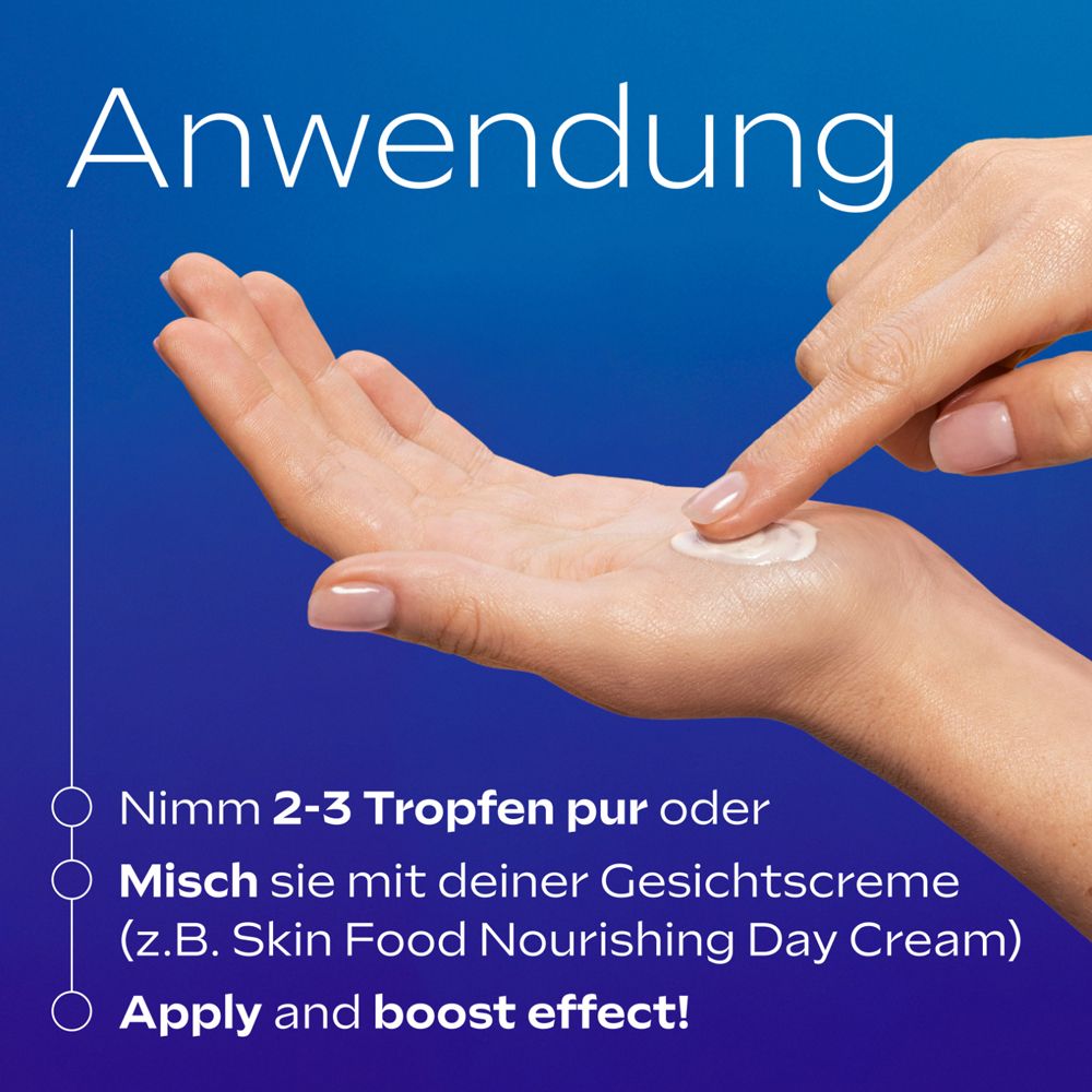 Anwendungshinweise. Hände mit Creme. Text: 2-3 Tropfen, mischen, auftragen.