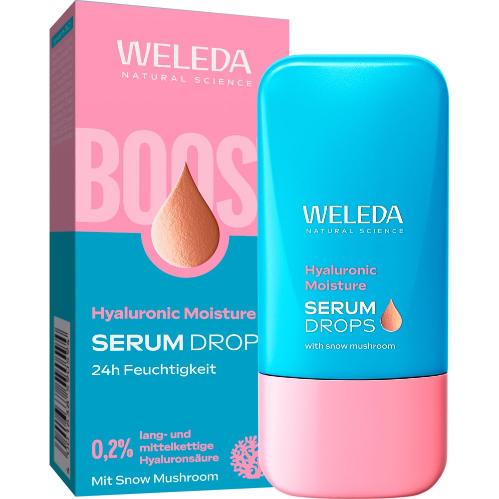 Serum-Tropfen-Flasche und Verpackung. Blau-rosa Flasche, rosa Verpackung. Text: Weleda, Serum Drops, Hyaluronsäure.