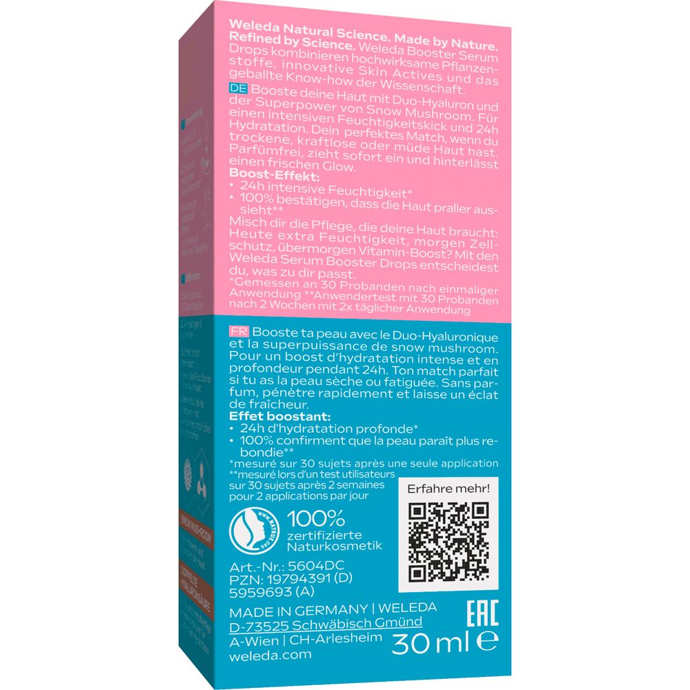 Rückseite der Verpackung. Text: Weleda, 100% zertifizierte Naturkosmetik, 30 ml, Inhaltsstoffe, QR-Code.
