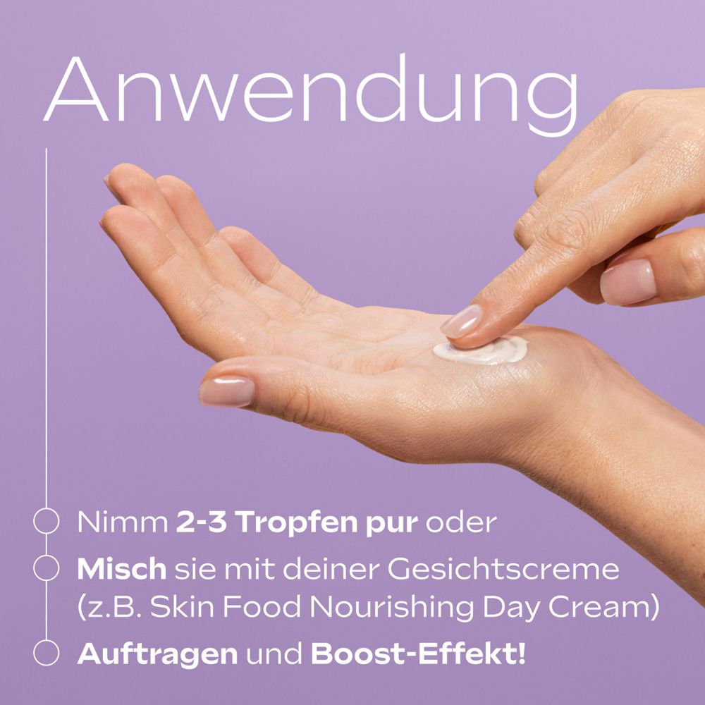 Hand mit Serum. Text: Nimm 2-3 Tropfen pur oder mische sie mit deiner Gesichtscreme.