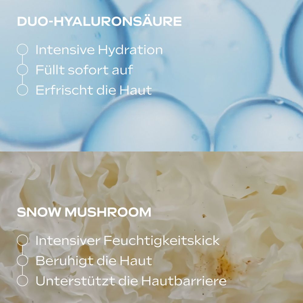 Nahaufnahme von Inhaltsstoffen. Text: Duo-Hyaluronsäure, Intensive Hydration, Snow Mushroom.
