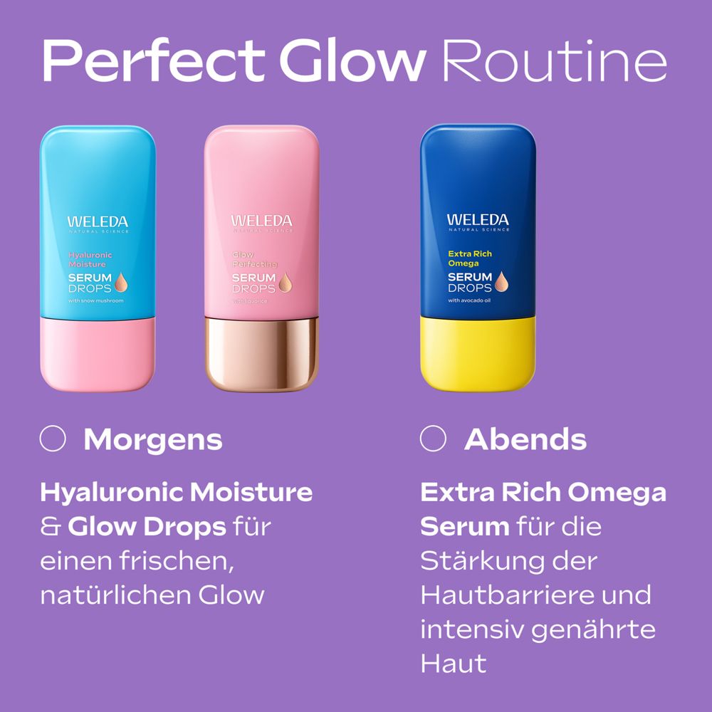 Drei Serum-Tropfen-Flaschen. Text: Morgens, Hyaluronic Moisture & Glow Drops, Abends, Extra Rich Omega Serum.