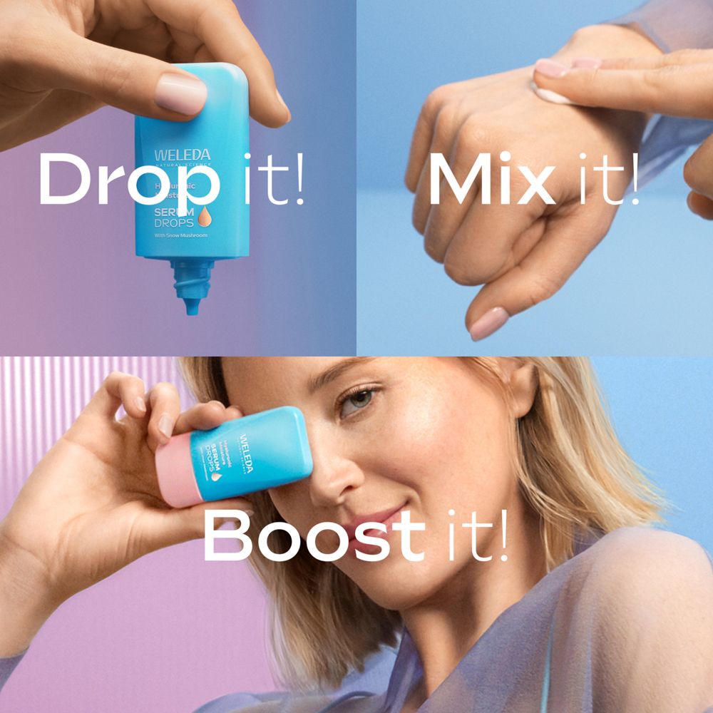 Hände mit Serum. Text: Drop it!, Mix it!, Boost it! Flasche, Hand, Frau.