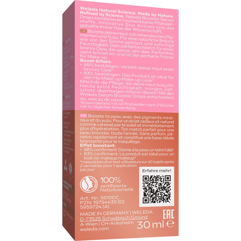Rückseite der Verpackung. Text: Weleda, Inhaltsstoffe, Anwendung, 100% zertifizierte Naturkosmetik, 30ml, QR-Code.