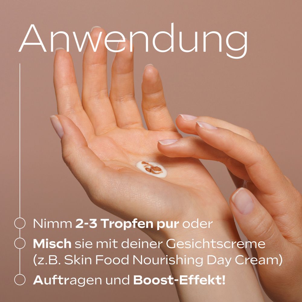 Hände mit Serum-Tropfen. Text: Anwendung, 2-3 Tropfen pur oder mit Creme mischen, auftragen und Boost-Effekt!