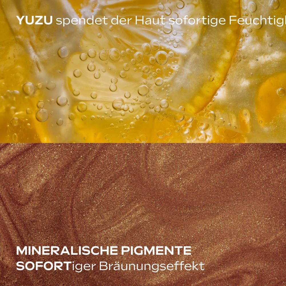 Nahaufnahme von Yuzu und mineralischen Pigmenten. Text: Yuzu spendet Feuchtigkeit, mineralische Pigmente, sofortiger Bräunungseffekt.