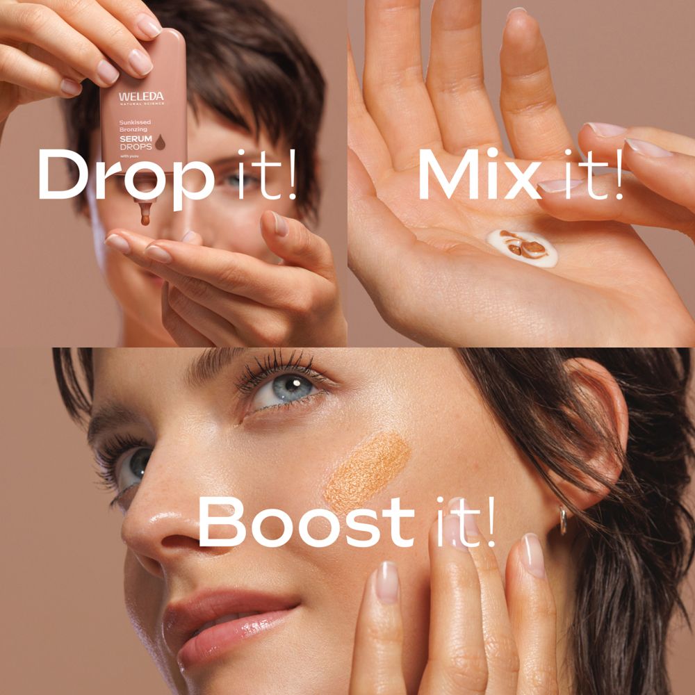 Hände mit Serum. Text: Drop it!, Mix it!, Boost it!
