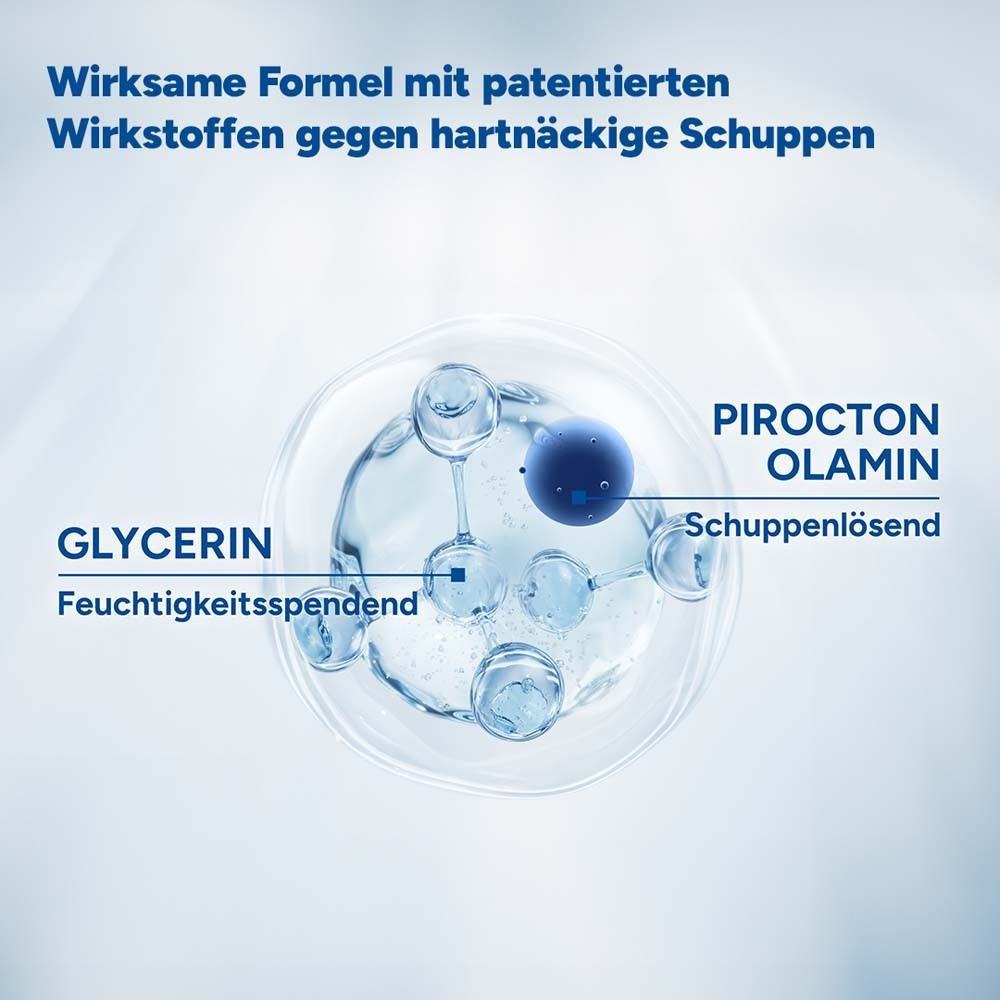 Nahaufnahme einer Flüssigkeit mit Molekülen. Text: Wirkame Formel mit patentierten Wirkstoffen gegen hartnäckige Schuppen. Inhaltsstoffe: Glycerin, Pirocton Olamin.