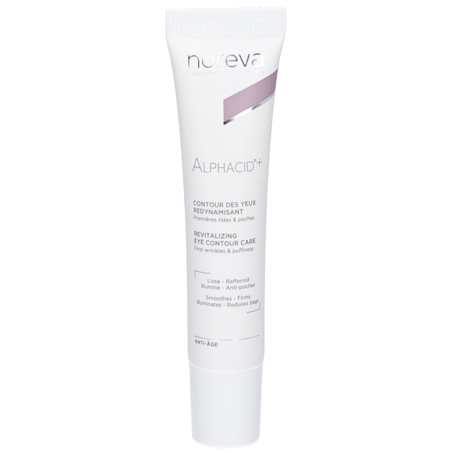 Weißer Tubenbehälter mit Produktnamen und Aufschrift Alphacid+. Enthält Augenkonturgel. Marke: Noreva.