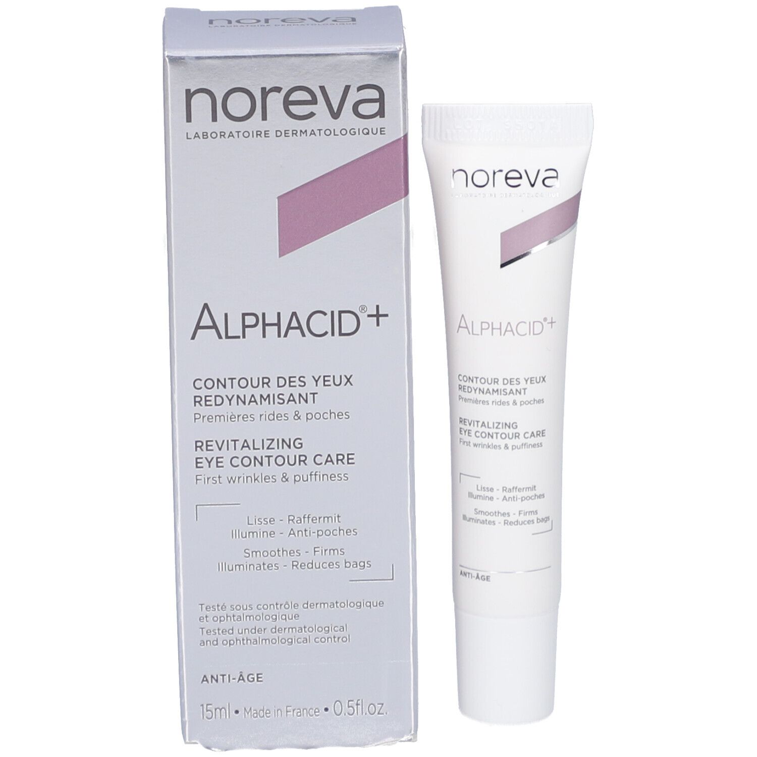 Produktverpackung mit Tube. Karton mit Produktnamen Alphacid+ und Marke Noreva. Tube daneben.