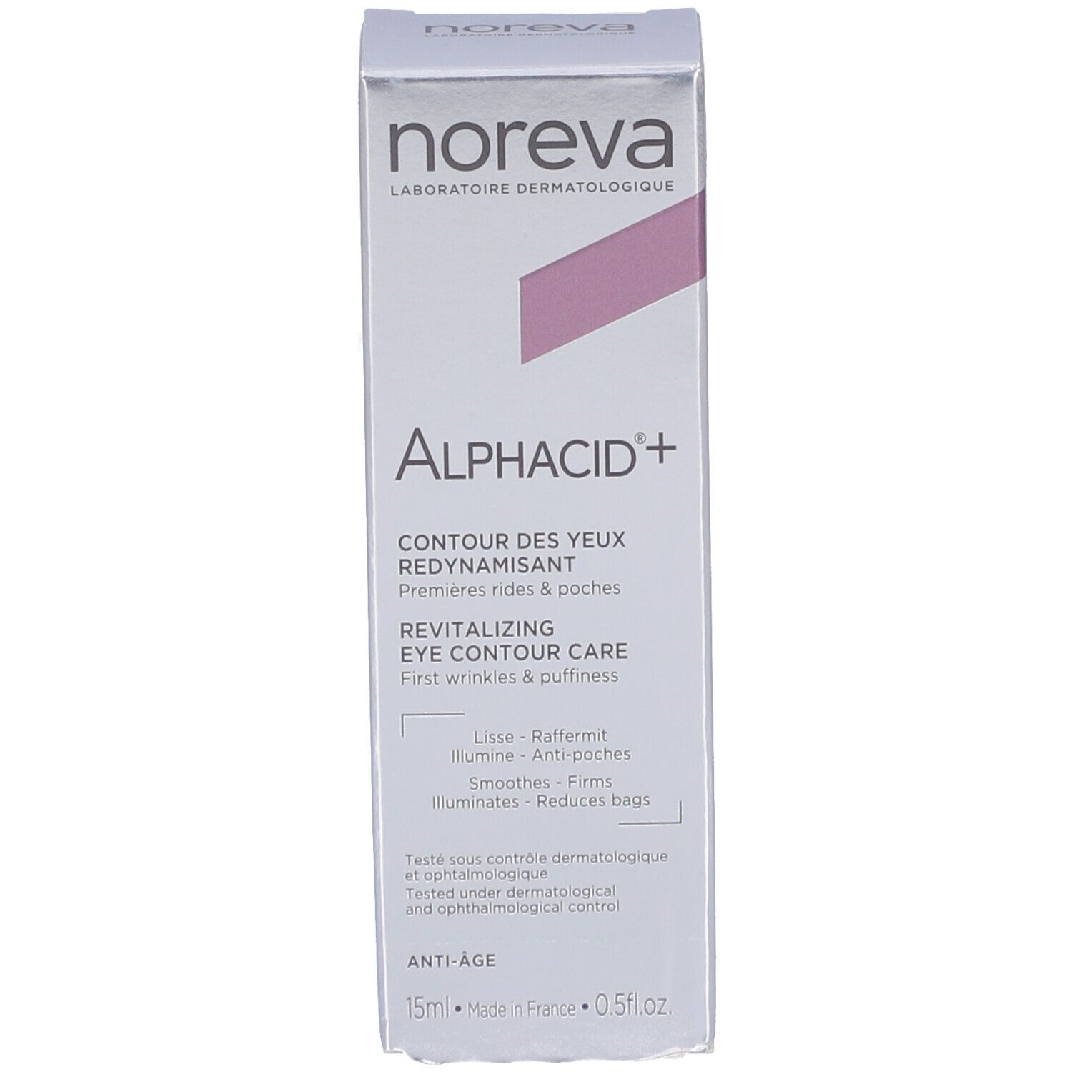 Produktverpackung. Weißer Karton mit Produktnamen Alphacid+ und Marke Noreva. Enthält Informationen.