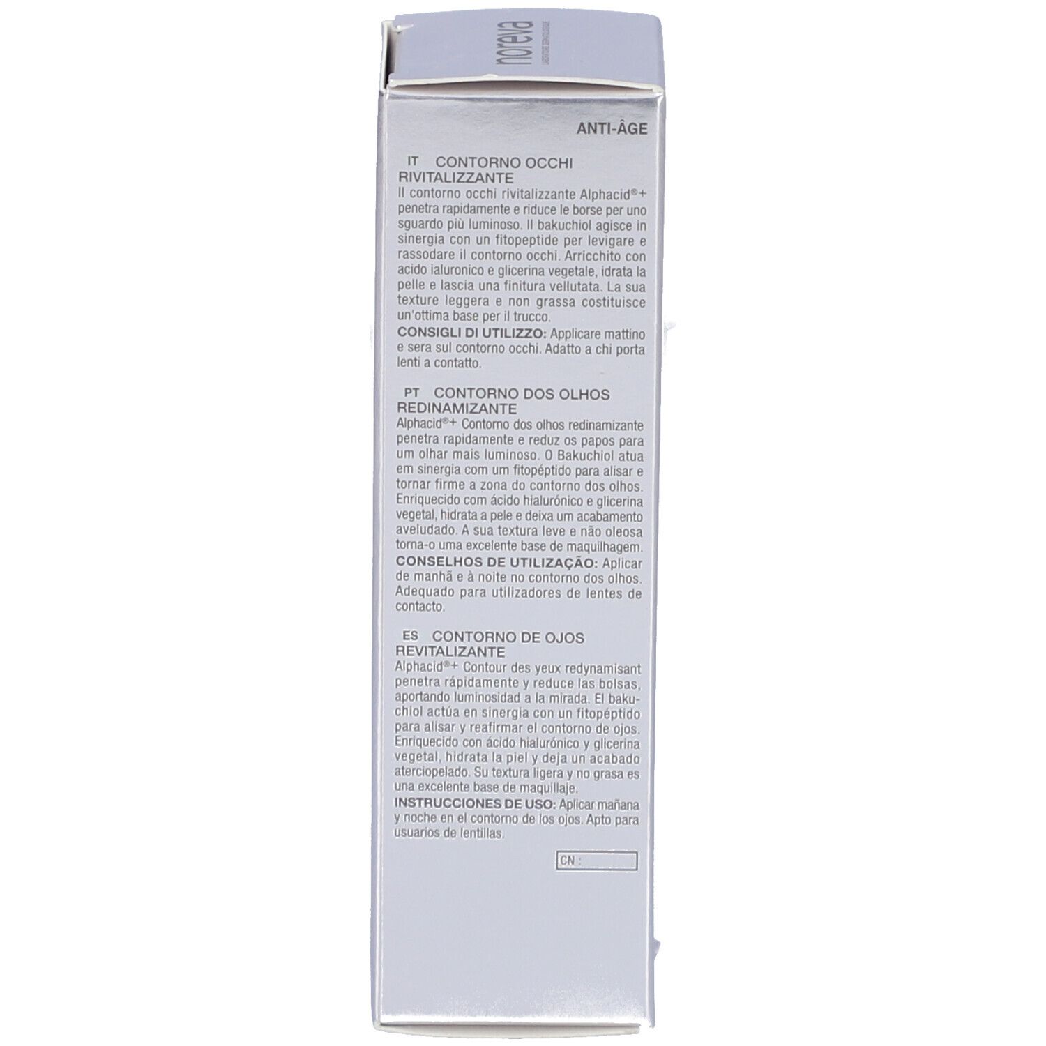 Seite der Produktverpackung. Text in mehreren Sprachen. Enthält Informationen zum Produkt. Marke: Noreva.