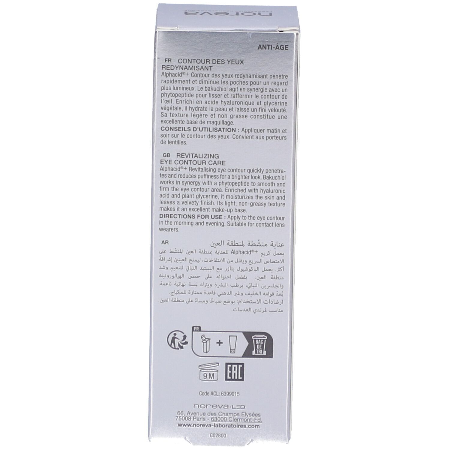 Seite der Produktverpackung. Text in mehreren Sprachen. Enthält Informationen zum Produkt. Marke: Noreva.