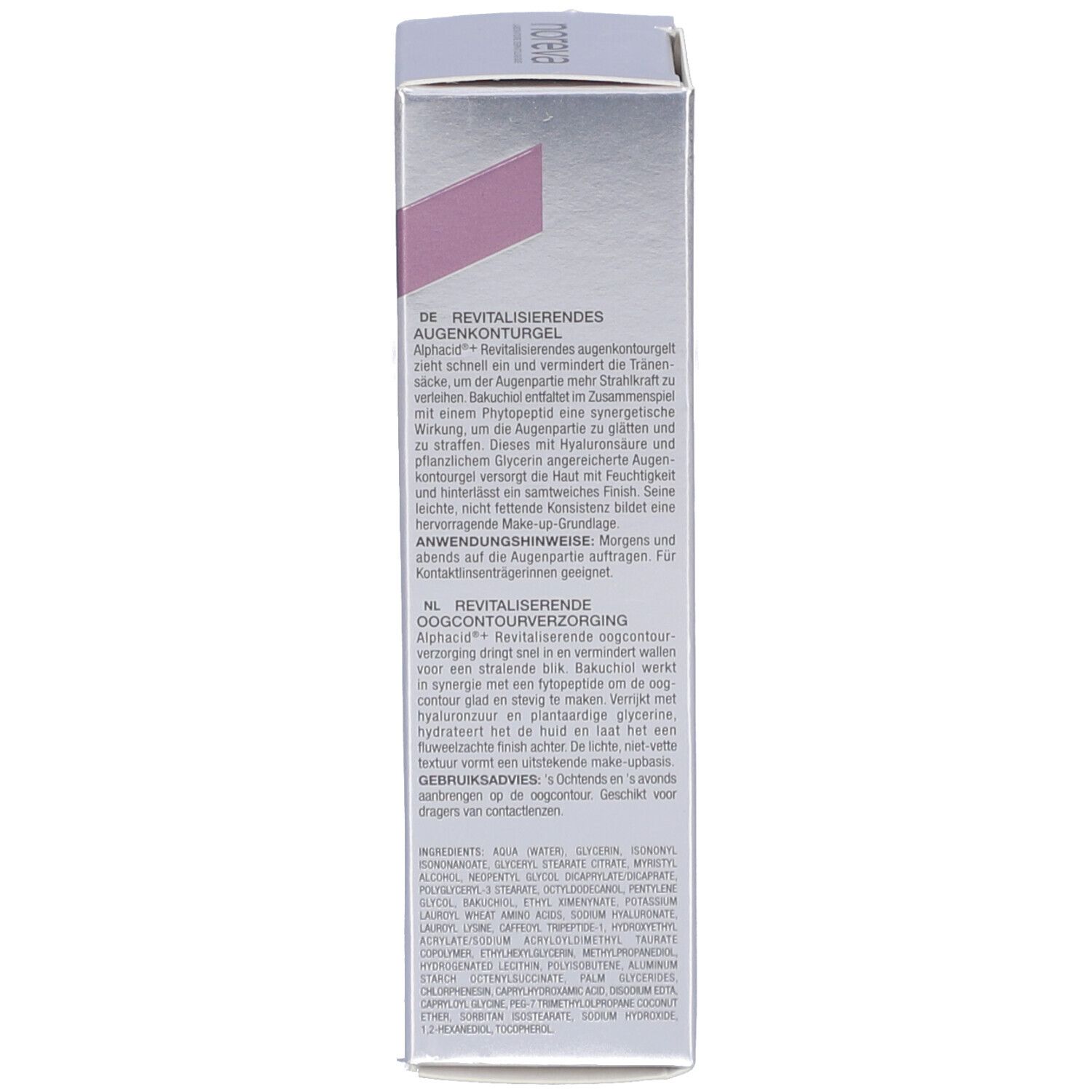 Seite der Produktverpackung. Text in mehreren Sprachen. Enthält Informationen zum Produkt. Marke: Noreva.