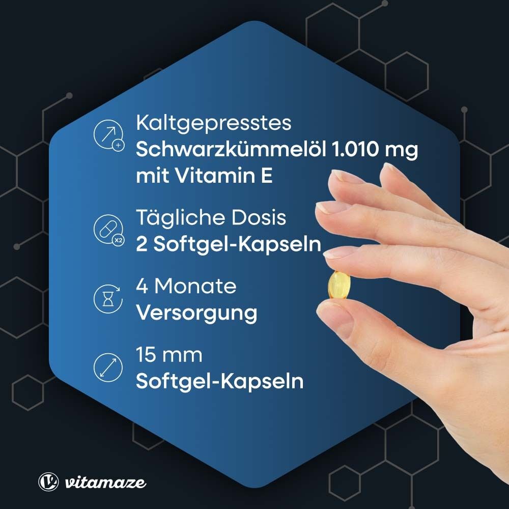 Blaue Infografik mit Informationen zu Kapseln. Enthält: Schwarzkümmelöl, Vitamin E, Tagesdosis, 4 Monate Versorgung.