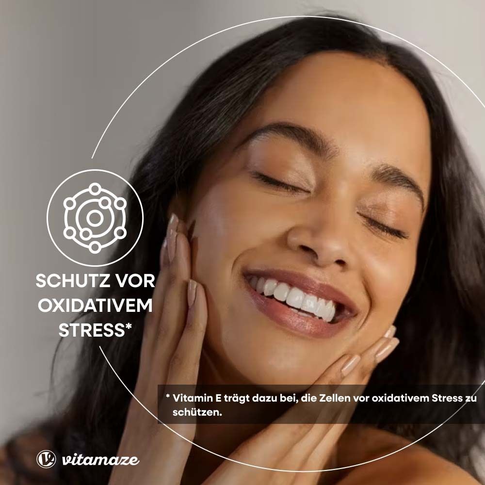 Frau mit geschlossenen Augen. Text: Schutz vor oxidativem Stress. Vitamin E trägt dazu bei, Zellen zu schützen.