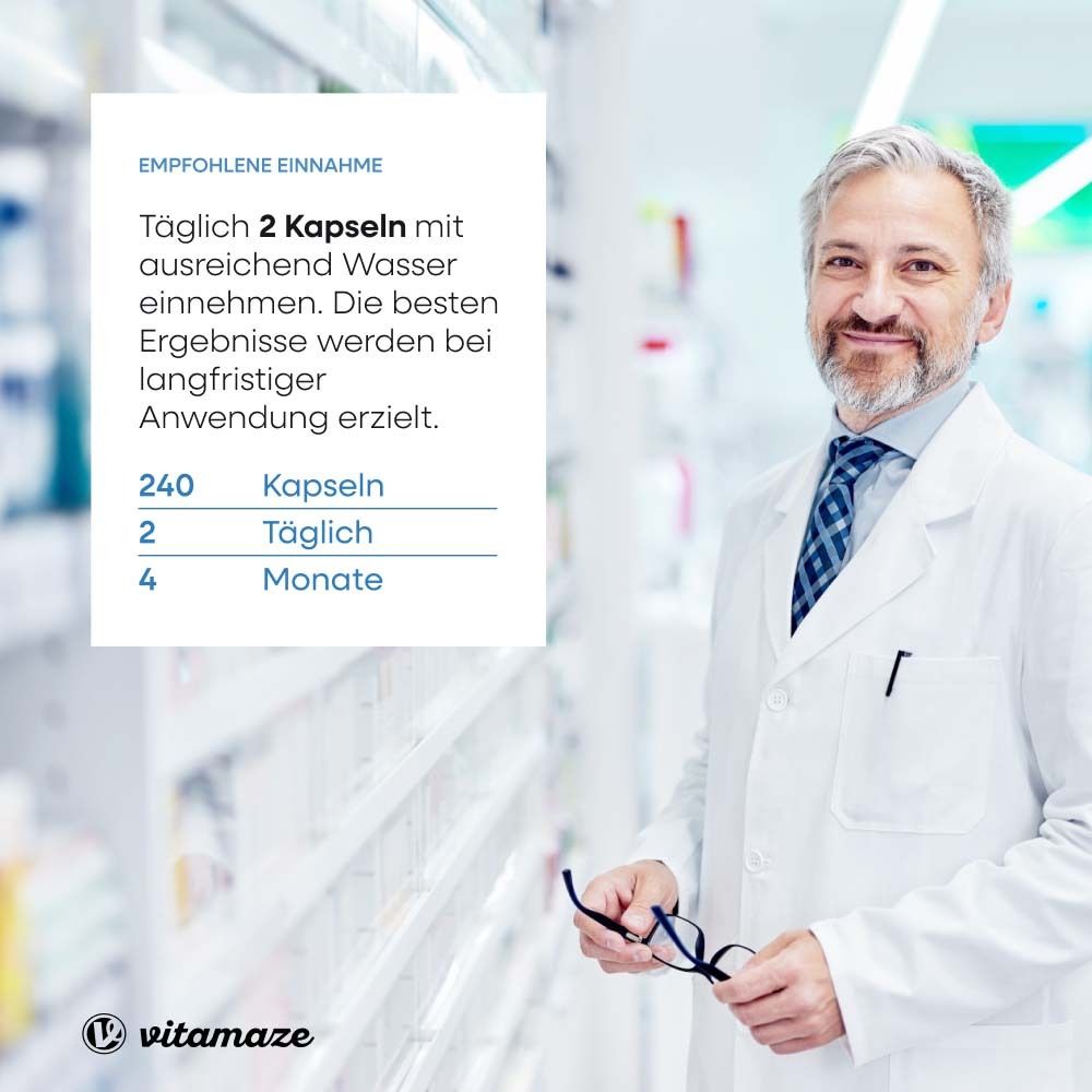 Arzt in weißem Kittel. Text: Empfohlene Einnahme: 2 Kapseln täglich mit Wasser. 240 Kapseln, 2 täglich, 4 Monate.