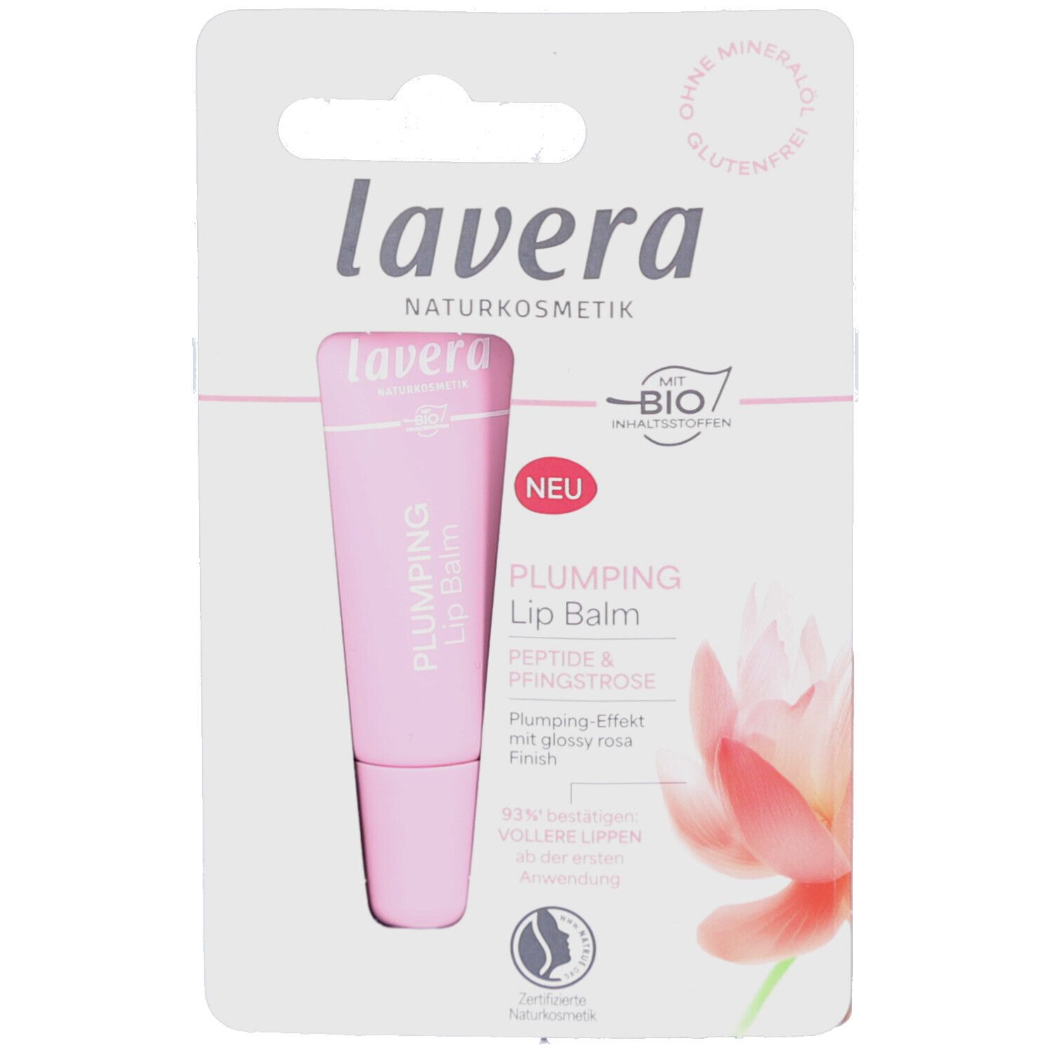 Lippenbalsam in rosa Tube, in Blisterverpackung. Aufdruck: "lavera", "Plumping Lip Balm". Mit Bio-Siegel und "NEU".