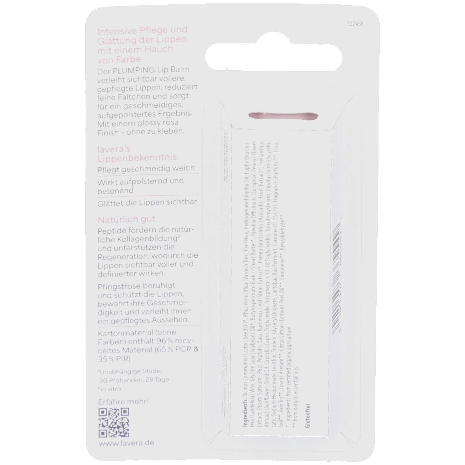 Rückseite der Blisterverpackung mit Text. Enthält Inhaltsstoffe, Herstellerinformationen und QR-Code. Kartonmaterial.